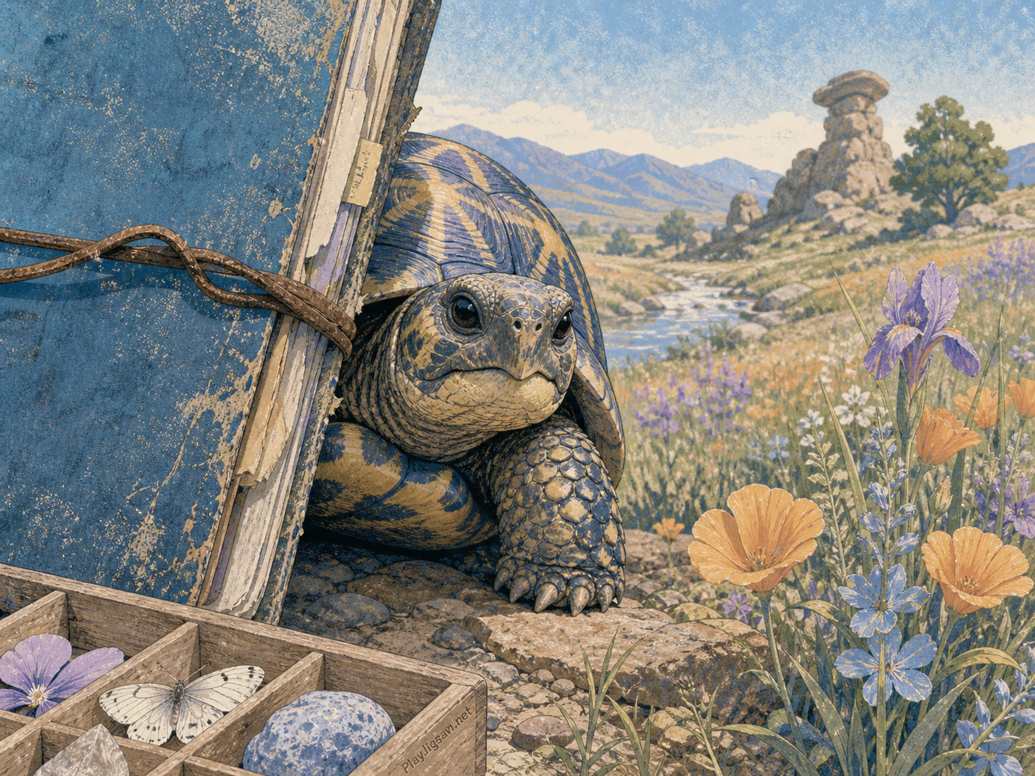 Iris Tortoise sheltering behind weathered field journal in a flower meadow edge, with layered scenery and clear early morning light.