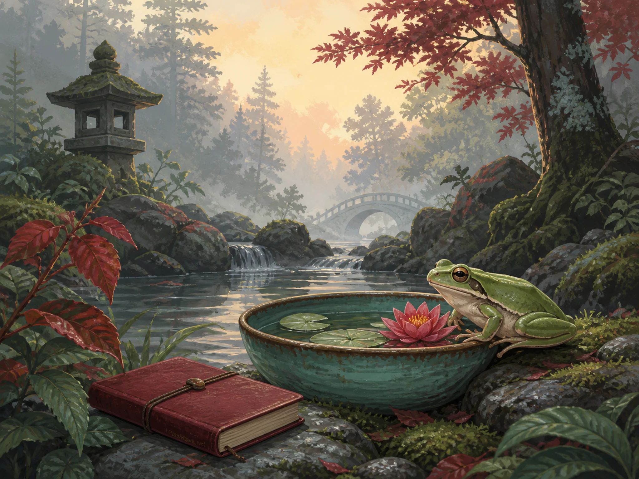 Lily Frog resting beside ceramic water bowl in a misty woodland creek, with layered scenery and calm misty dawn.