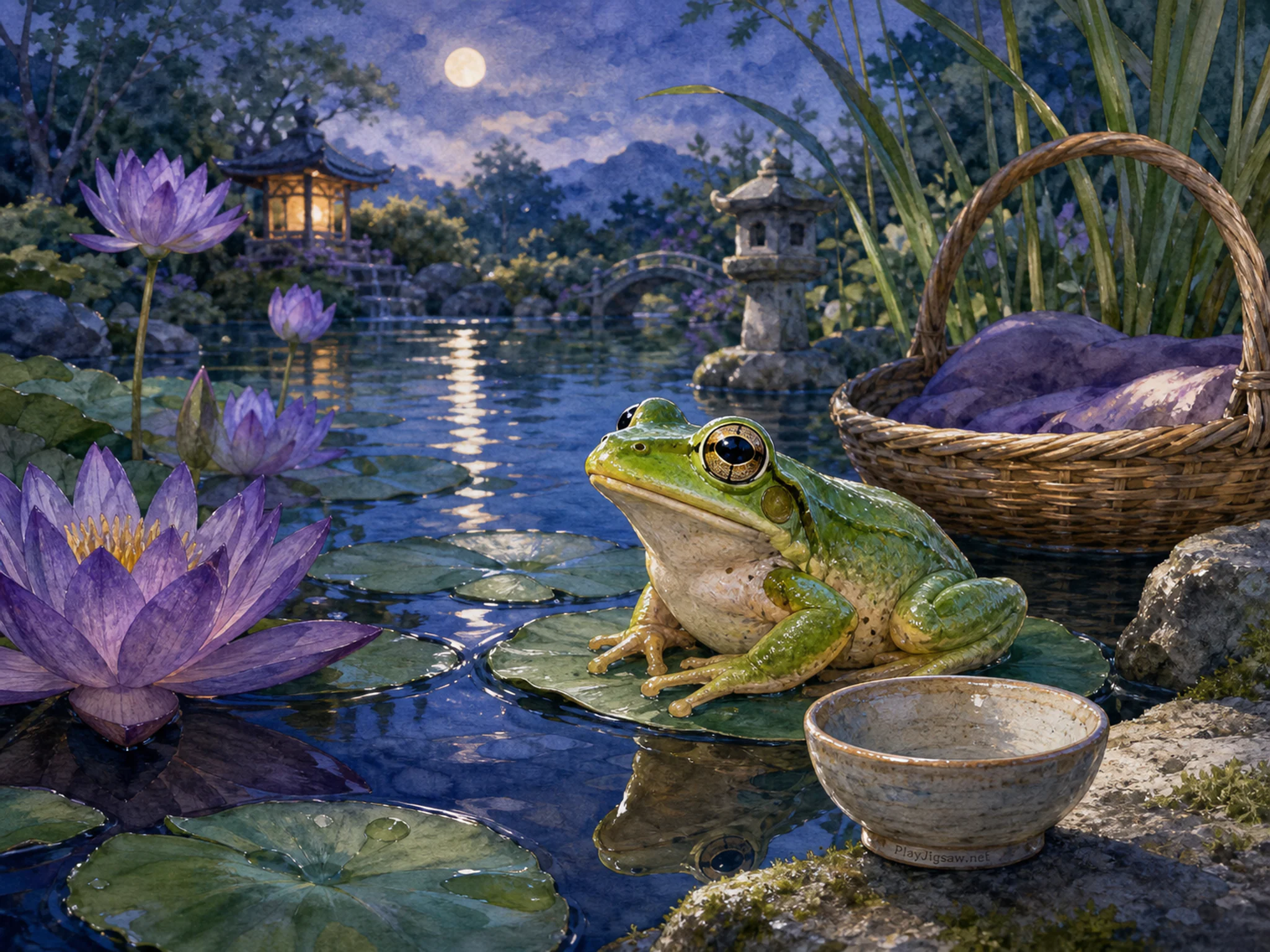 Lily Frog watching reflections near woven resting basket in a quiet lily pond, with layered scenery and cool blue-hour light.