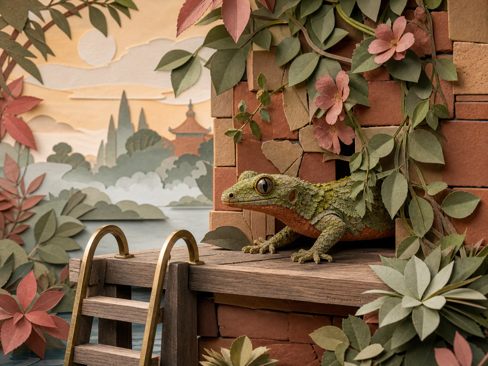 Moss Gecko emerging beside small dock ladder in a layered garden wall, with layered scenery and calm misty dawn.