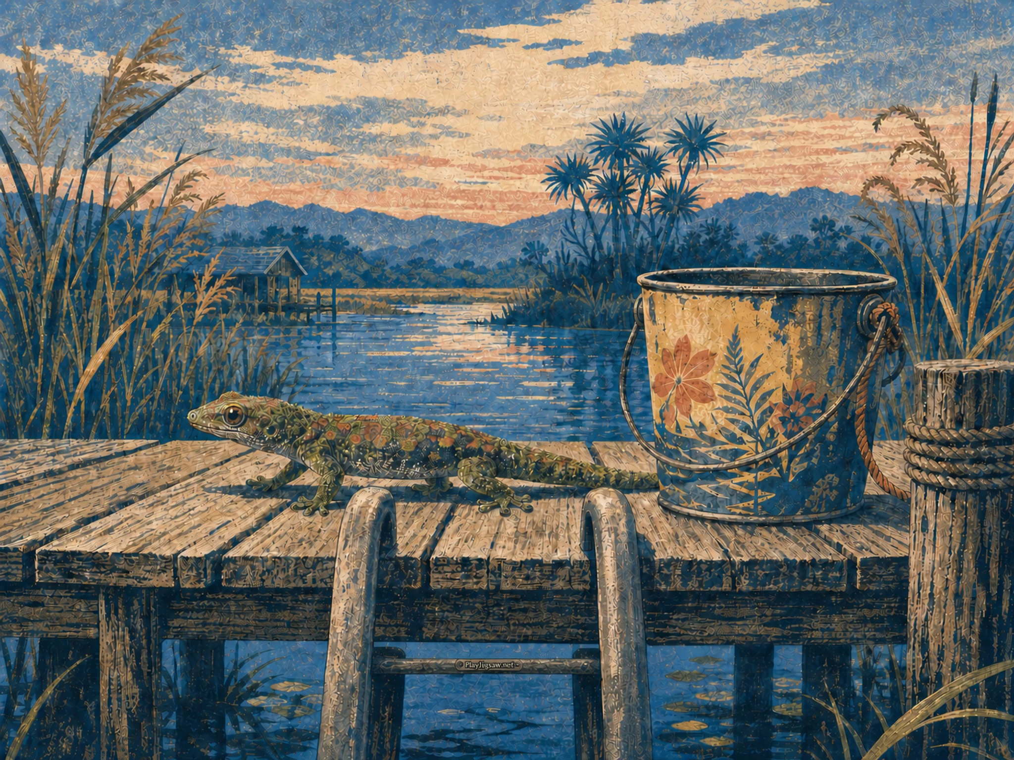 Moss Gecko walking past painted feed bucket in a reed-lined wetland, with layered scenery and cool blue-hour light.