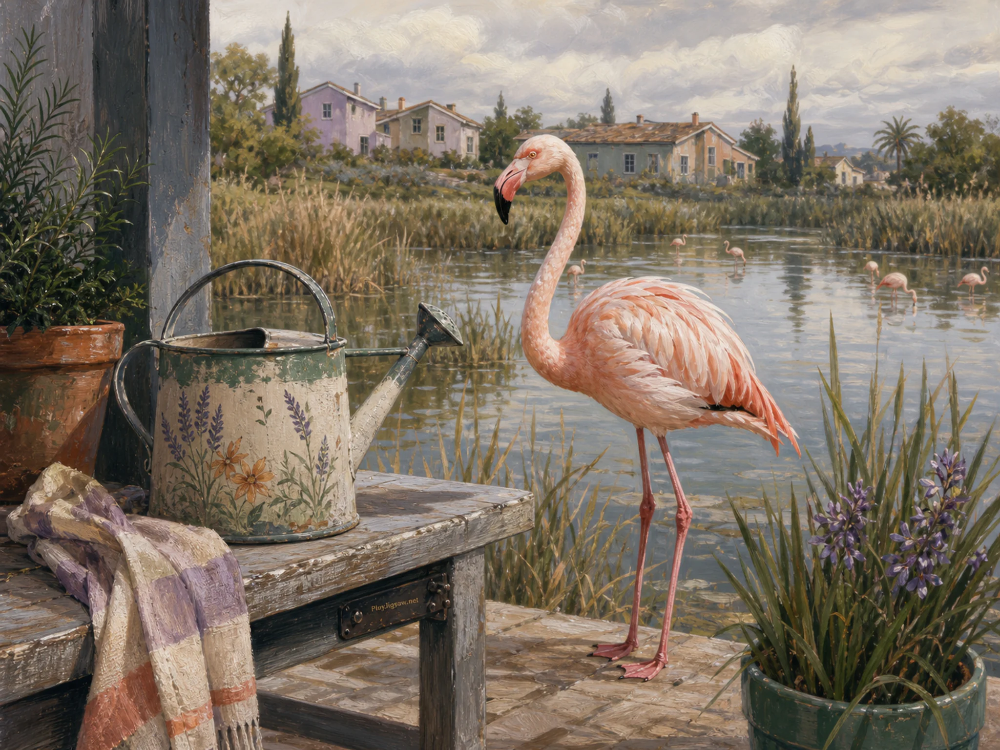 delta flamingo appearing naturally beside a painted watering can in a second reed-lined wetland pond with delta flamingos, with familiar objects and soft overcast afternoon.