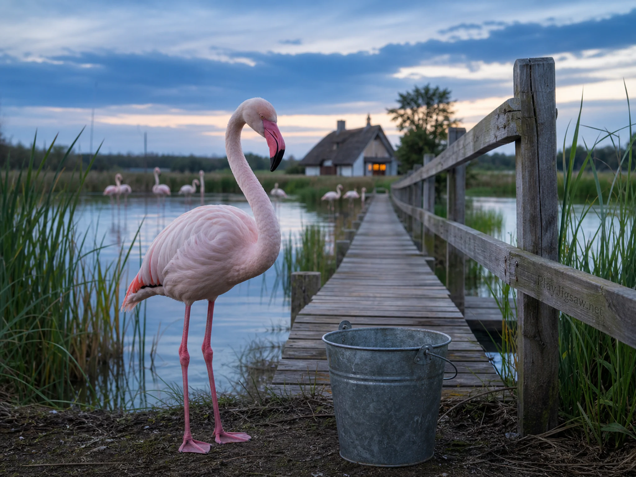 delta flamingo appearing naturally beside a galvanized field bucket in a reed-lined wetland pond with delta flamingos and a wooden boardwalk, with familiar objects and cool.