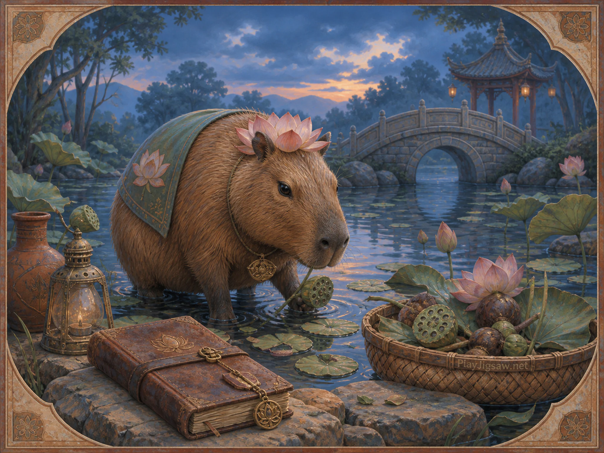 Lotus Capybara foraging around weathered field journal in a quiet lily pond, with layered scenery and cool blue-hour light.