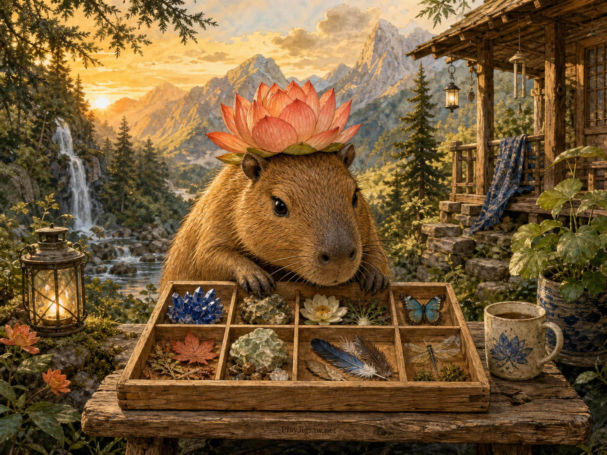 Lotus Capybara curiously inspecting wooden specimen tray in a mountain forest refuge, with layered scenery and warm late-day sunlight.