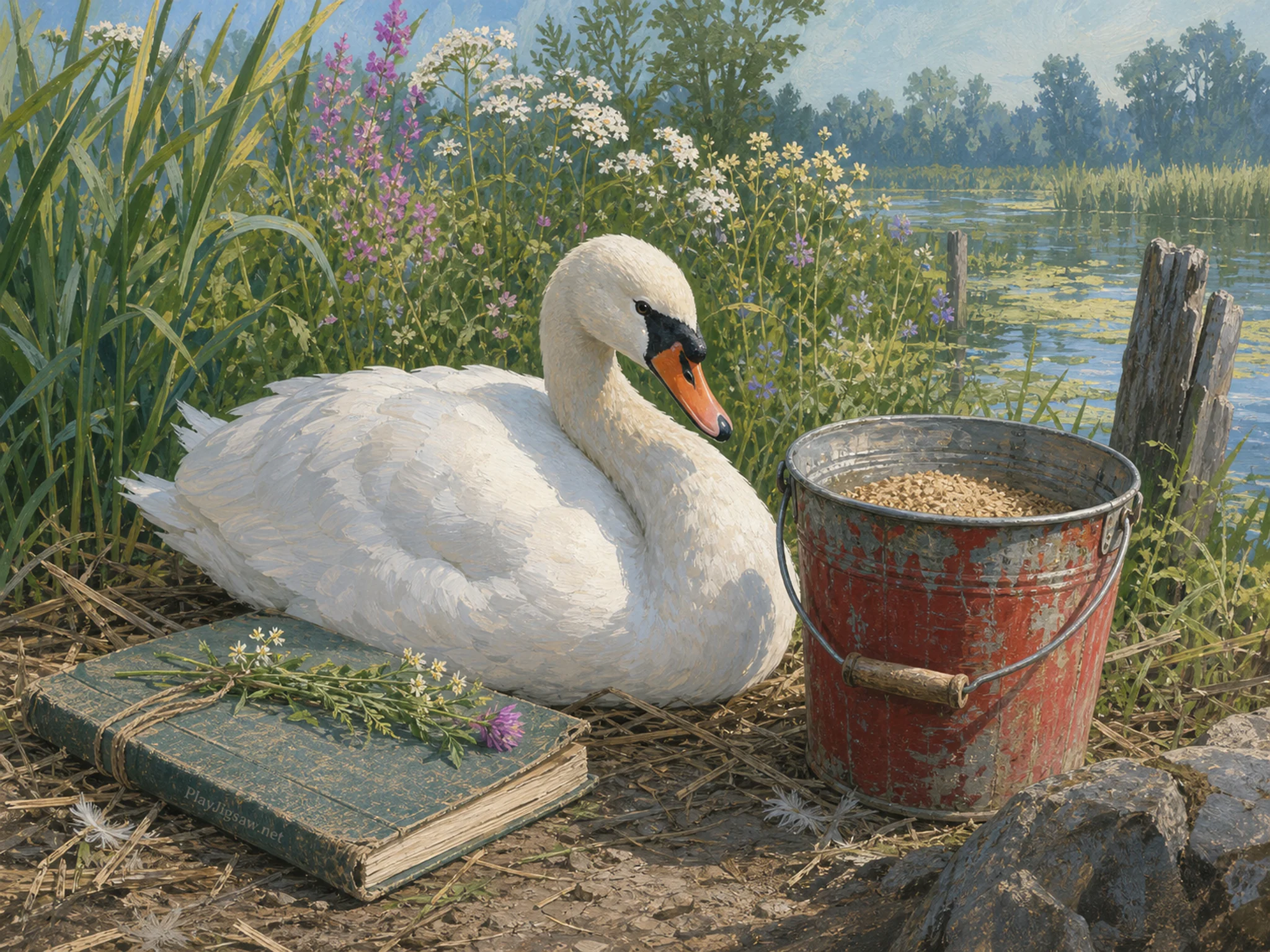 Marsh Swan resting beside painted feed bucket in a flower meadow edge, with layered scenery and clear early morning light.