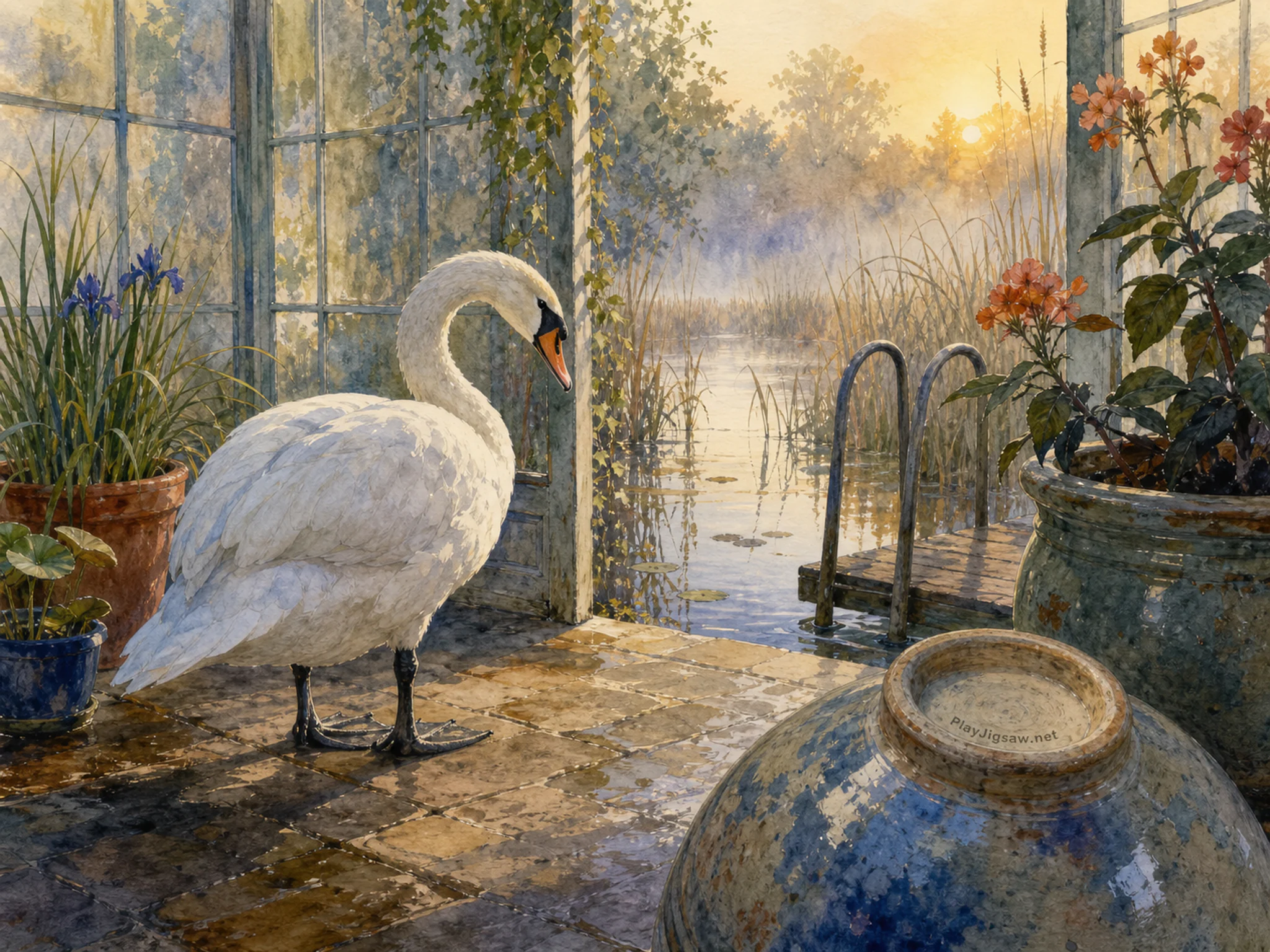 Marsh Swan watching reflections near small dock ladder in a sunlit conservatory corner, with layered scenery and calm misty dawn.