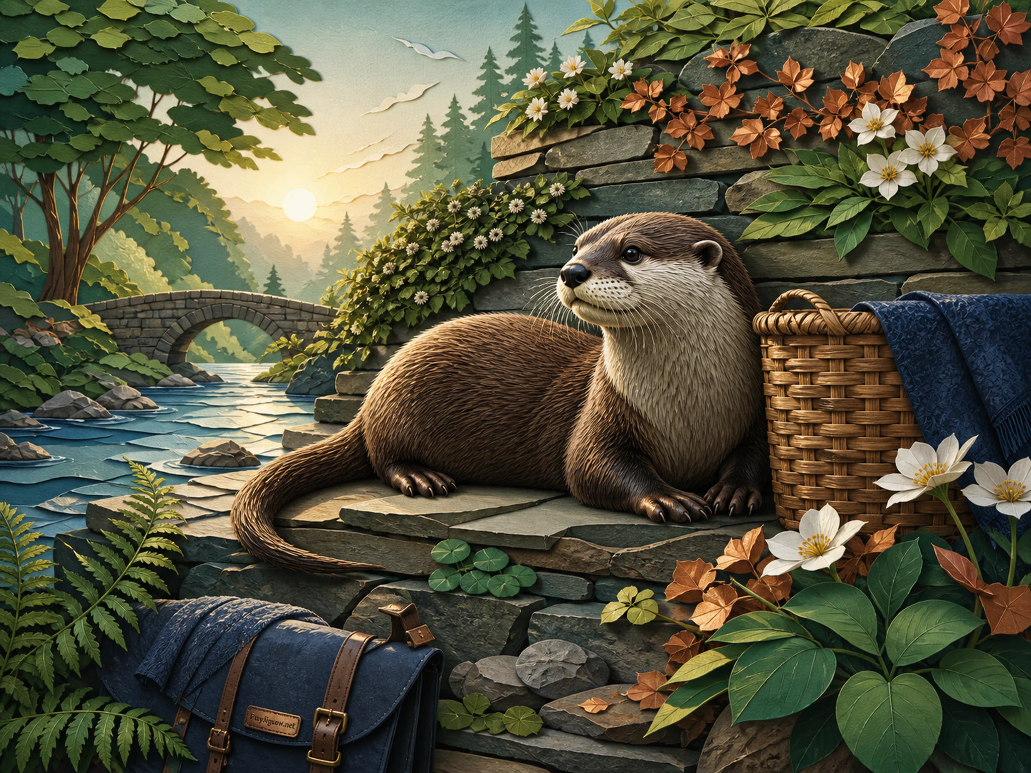 River Otter walking past woven resting basket in a layered garden wall, with layered scenery and clear early morning light.