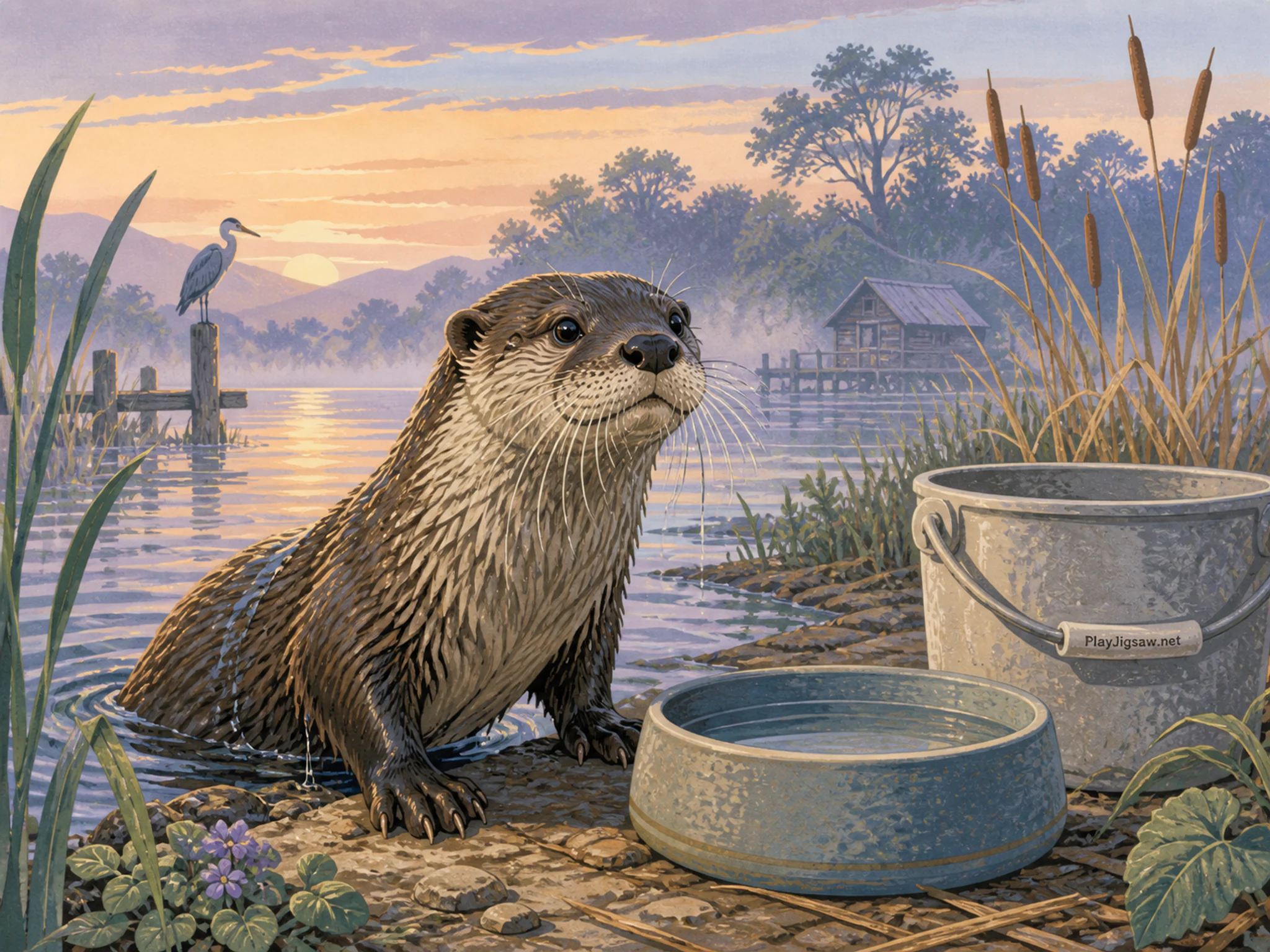 River Otter emerging beside ceramic water bowl in a reed-lined wetland, with layered scenery and calm misty dawn.