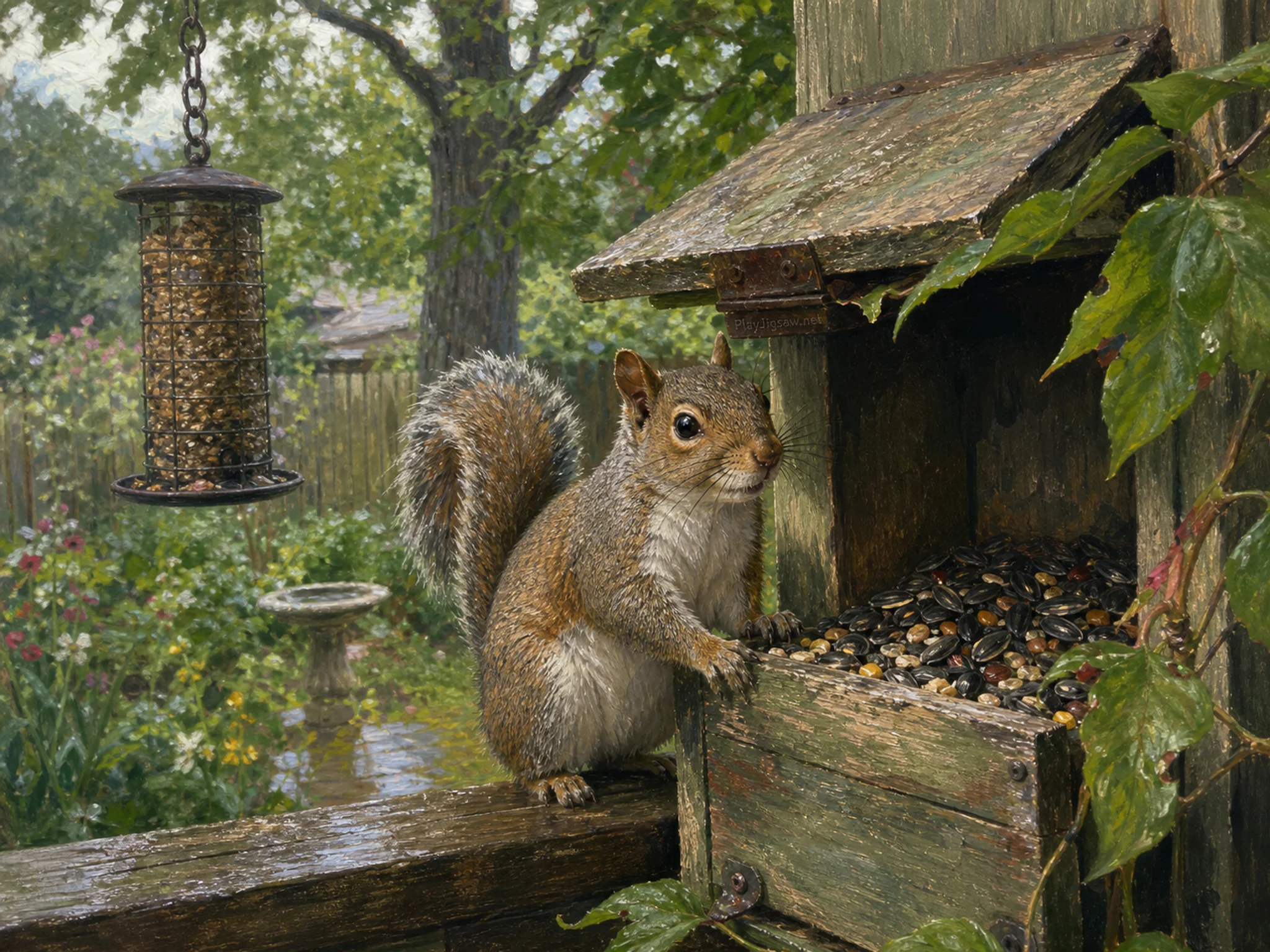 acorn squirrel appearing naturally beside a wooden seed box in a backyard bird-feeder corner with an acorn squirrel, with familiar objects and bright diffused window light.