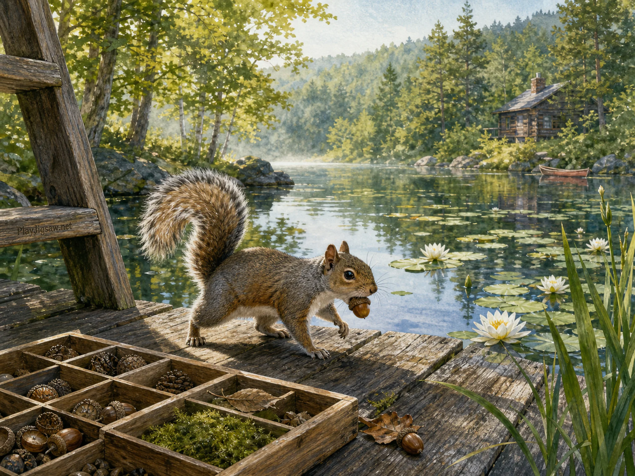 Acorn Squirrel walking past wooden specimen tray in a quiet lily pond, with layered scenery and bright diffused window light.