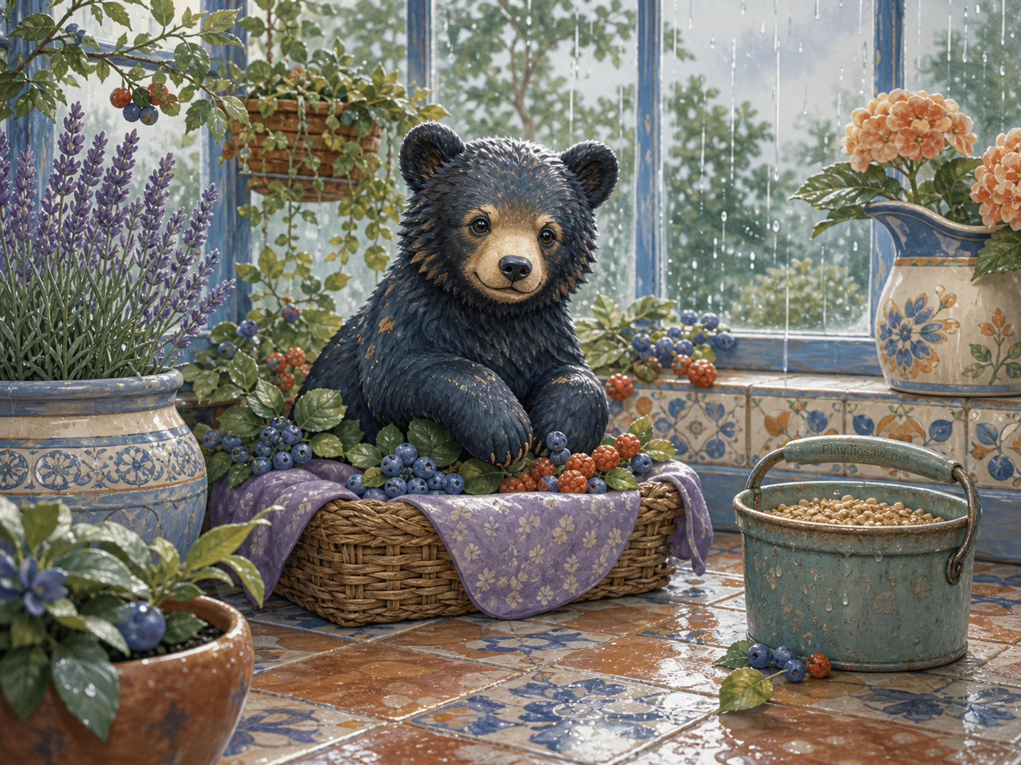 Berry Bear perching above woven resting basket in a sunlit conservatory corner, with layered scenery and gentle rain with crisp reflections.