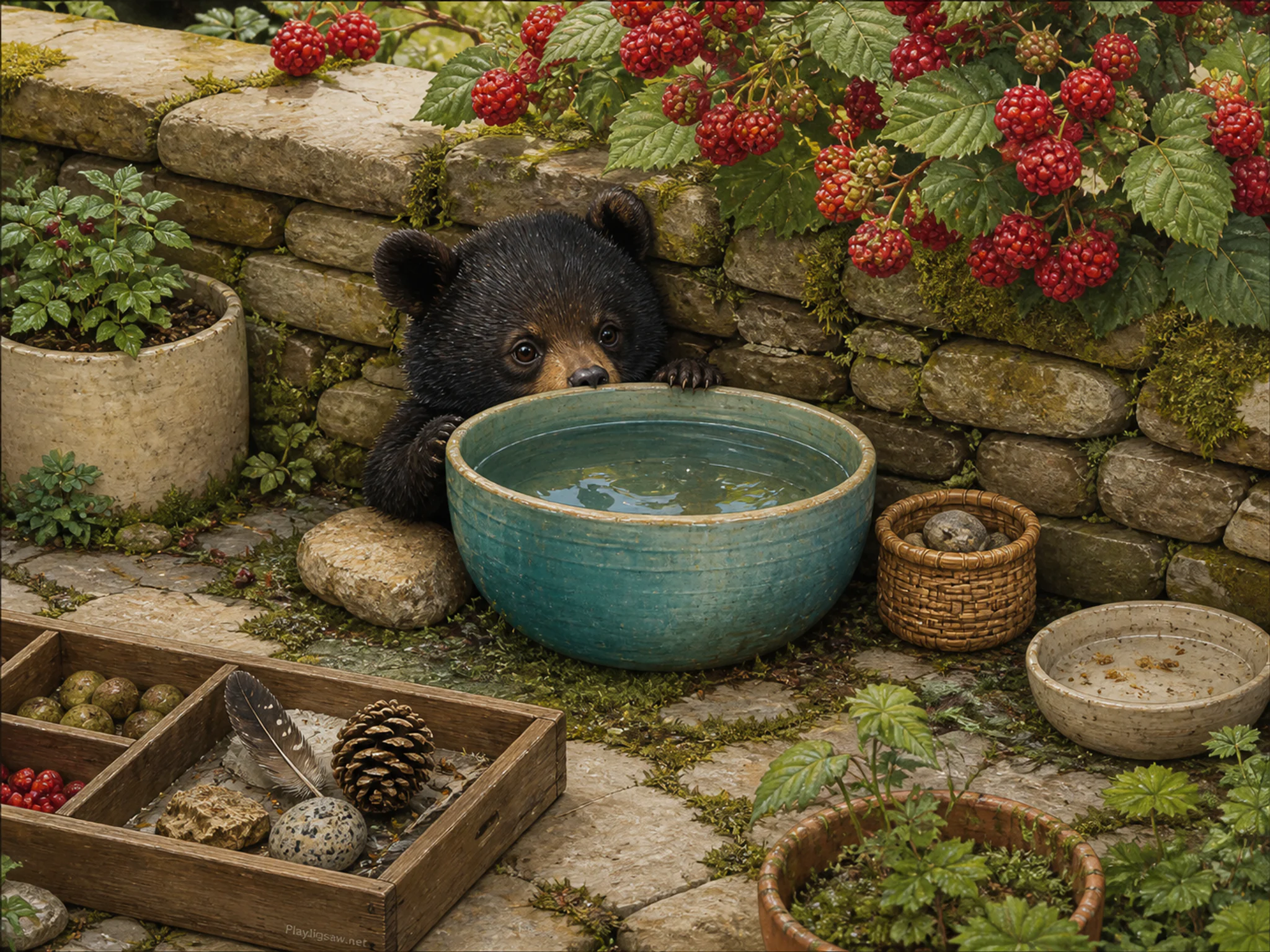 Berry Bear sheltering behind ceramic water bowl in a layered garden wall, with layered scenery and soft overcast afternoon.