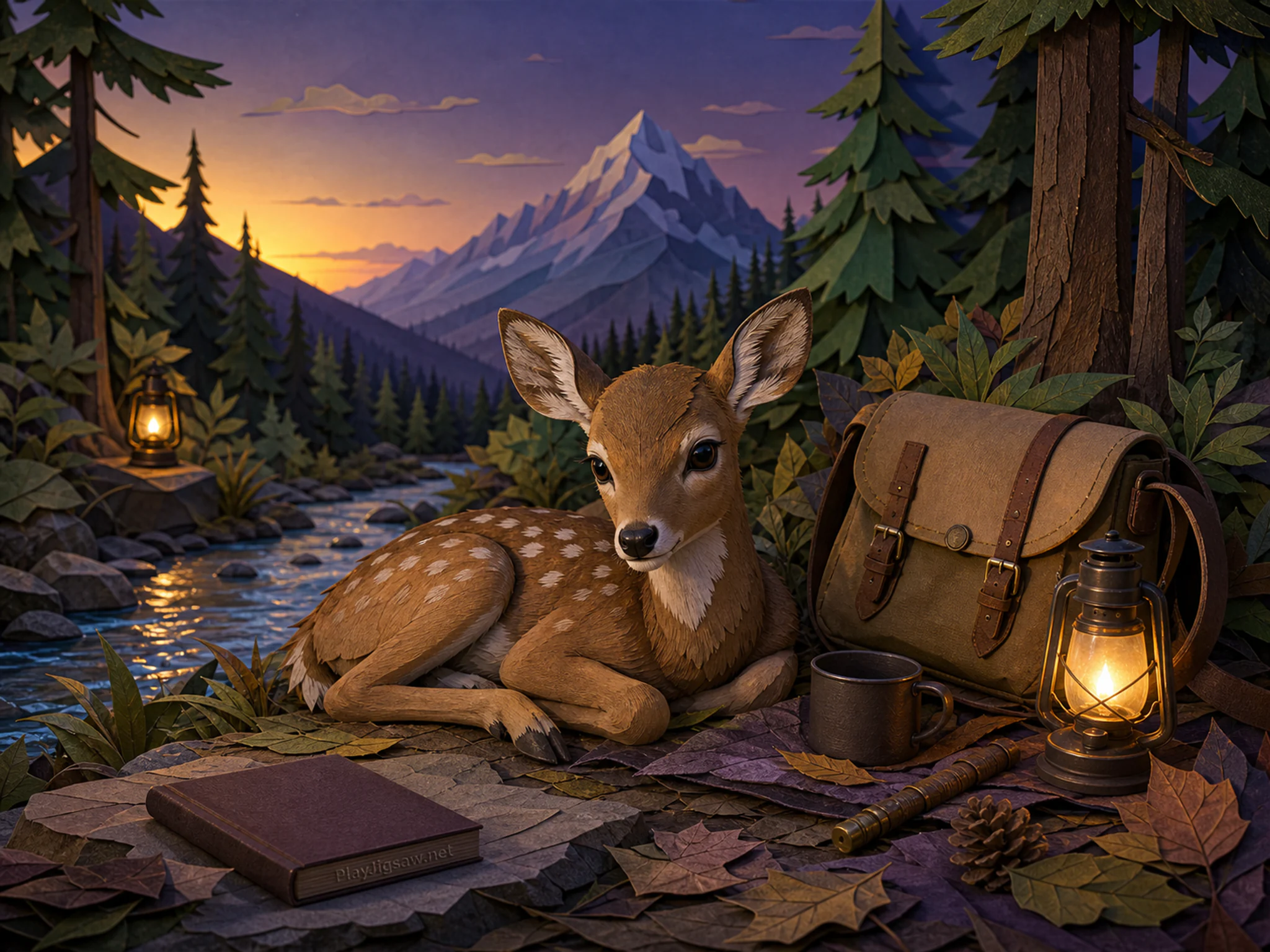 Creek Deer resting beside canvas ranger satchel in a mountain forest refuge, with layered scenery and golden lamplight at dusk.