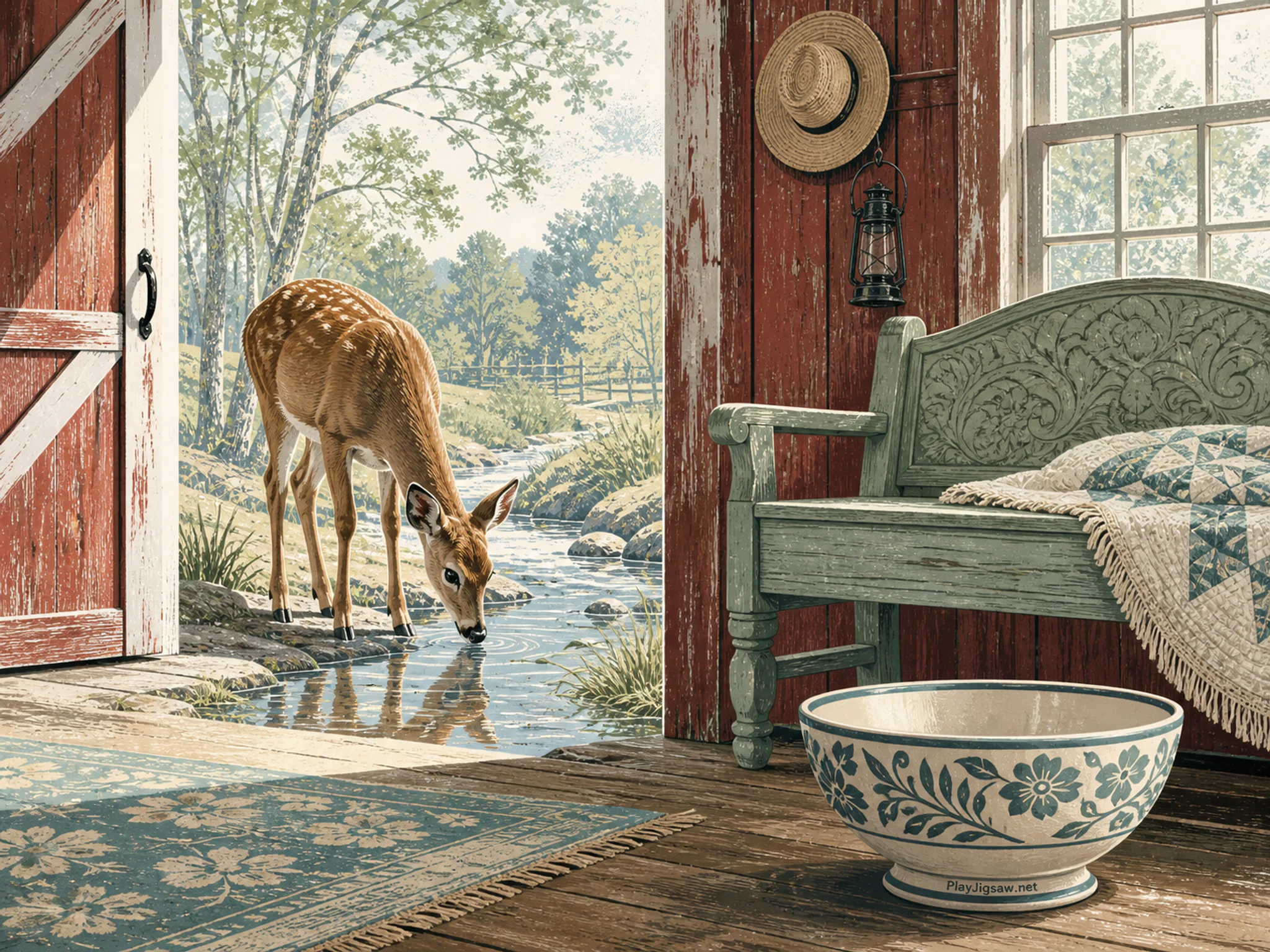 Creek Deer watching reflections near carved garden bench in a working red barn, with layered scenery and bright diffused window light.
