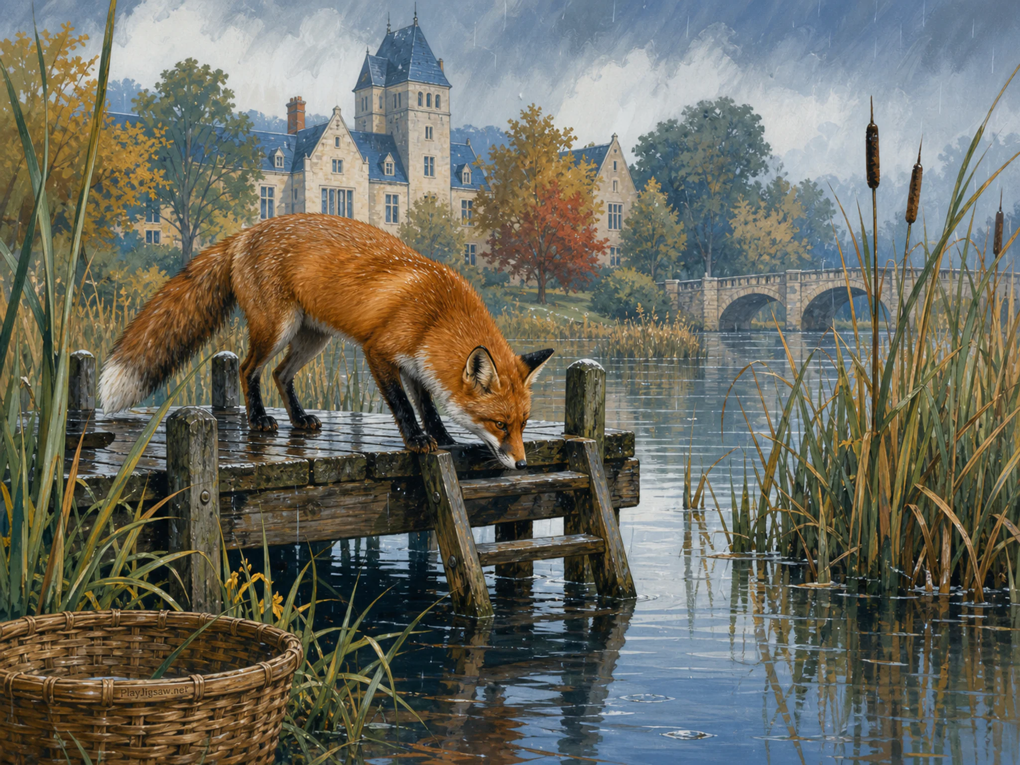 Library Fox foraging around small dock ladder in a reed-lined wetland, with layered scenery and gentle rain with crisp reflections.