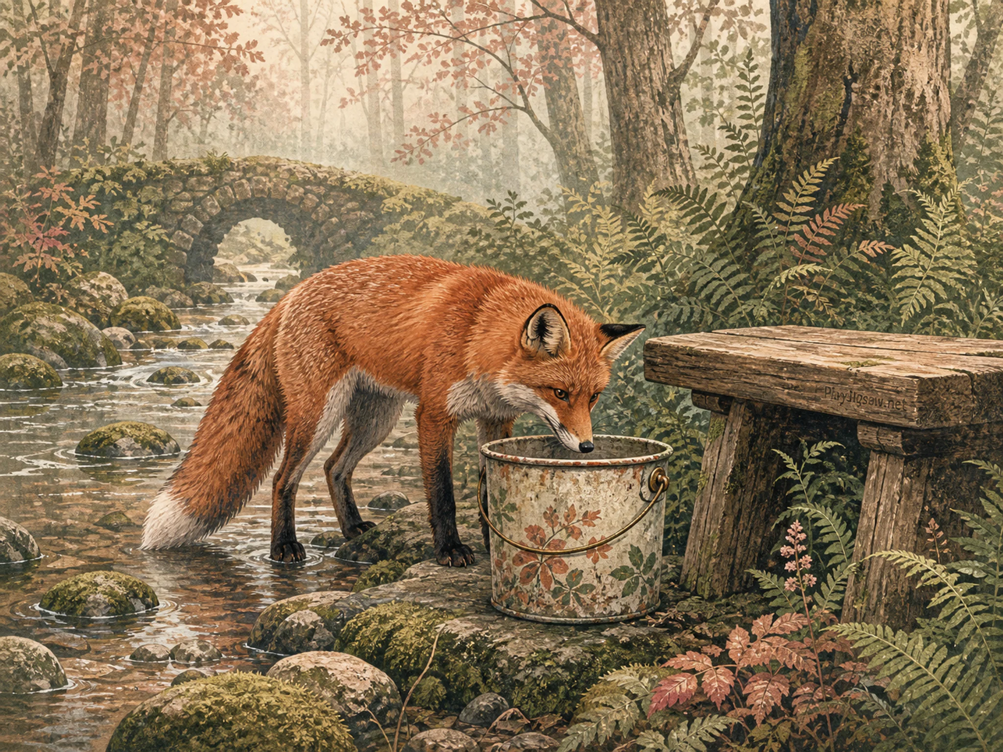 Library Fox curiously inspecting painted feed bucket in a misty woodland creek, with layered scenery and soft overcast afternoon.