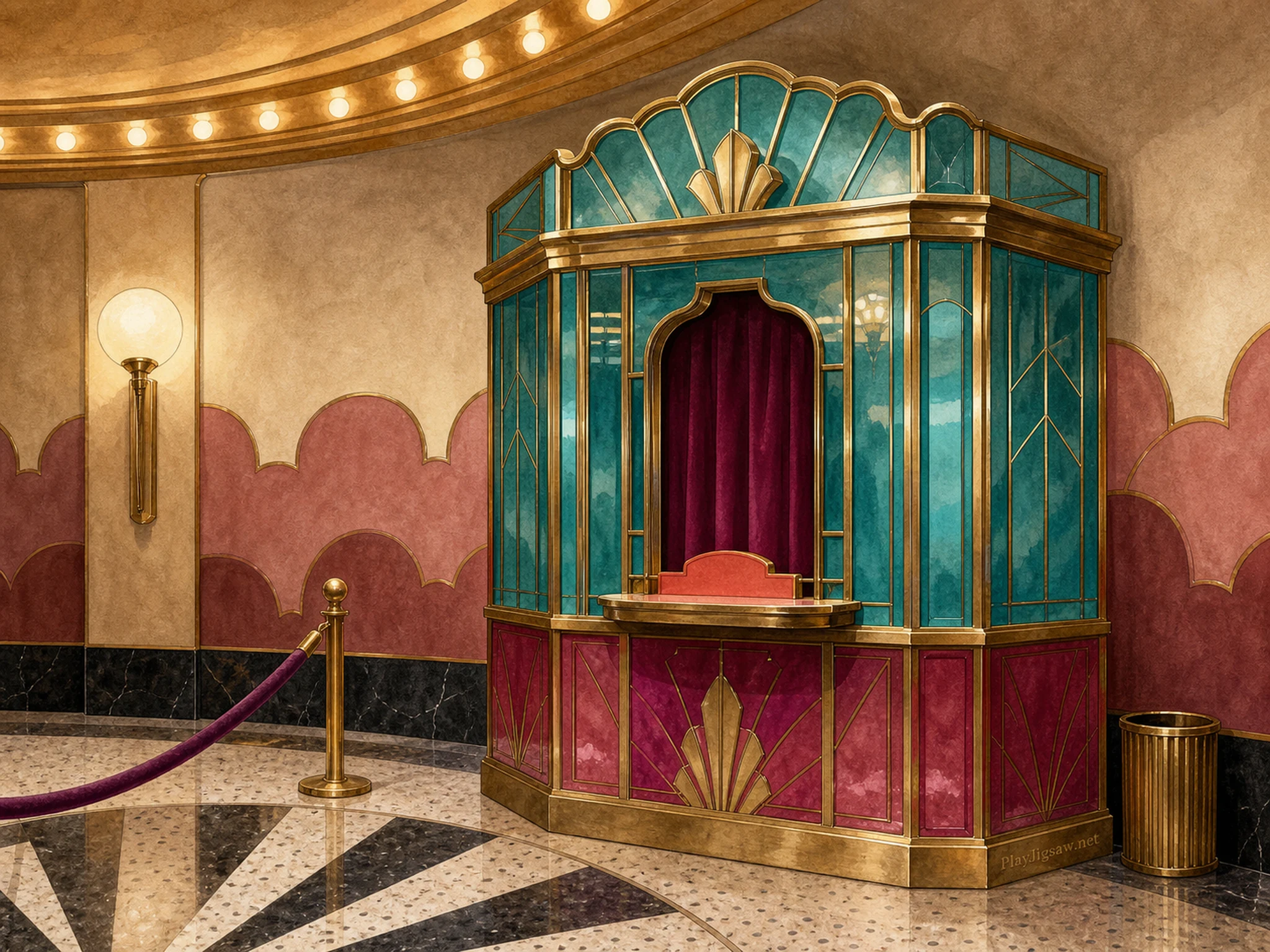 An Art Deco cinema foyer with a turquoise and magenta ticket booth, brass framing, globe lamp, velvet rope, terrazzo floor, and a tiny engraved maker mark