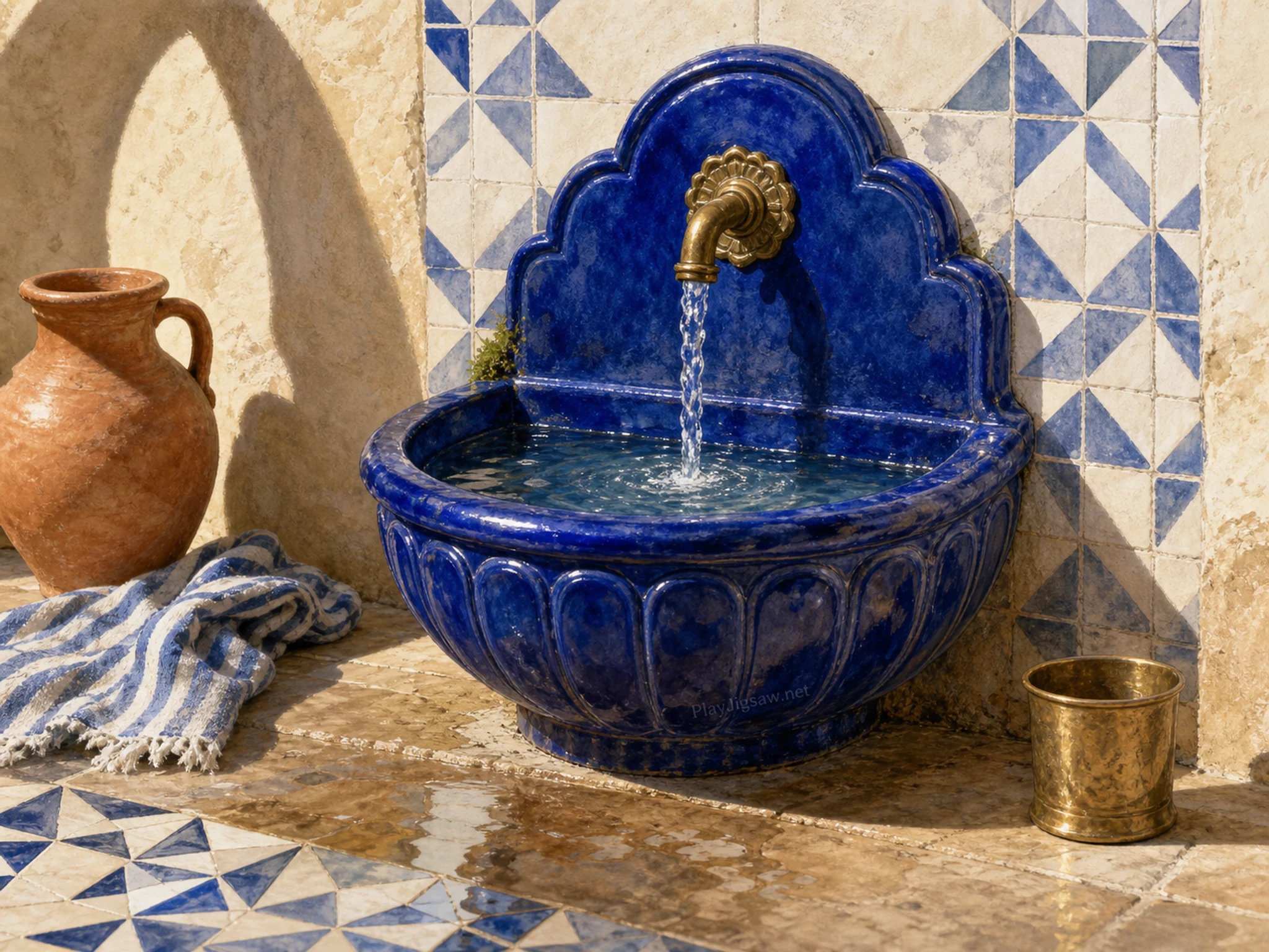 A tiled courtyard with a cobalt ceramic wall fountain and brass spout, terracotta jug, striped towel, puddle reflection, patterned floor tile, brass cup, arched shadow, and a tiny in-world ceramic maker mark