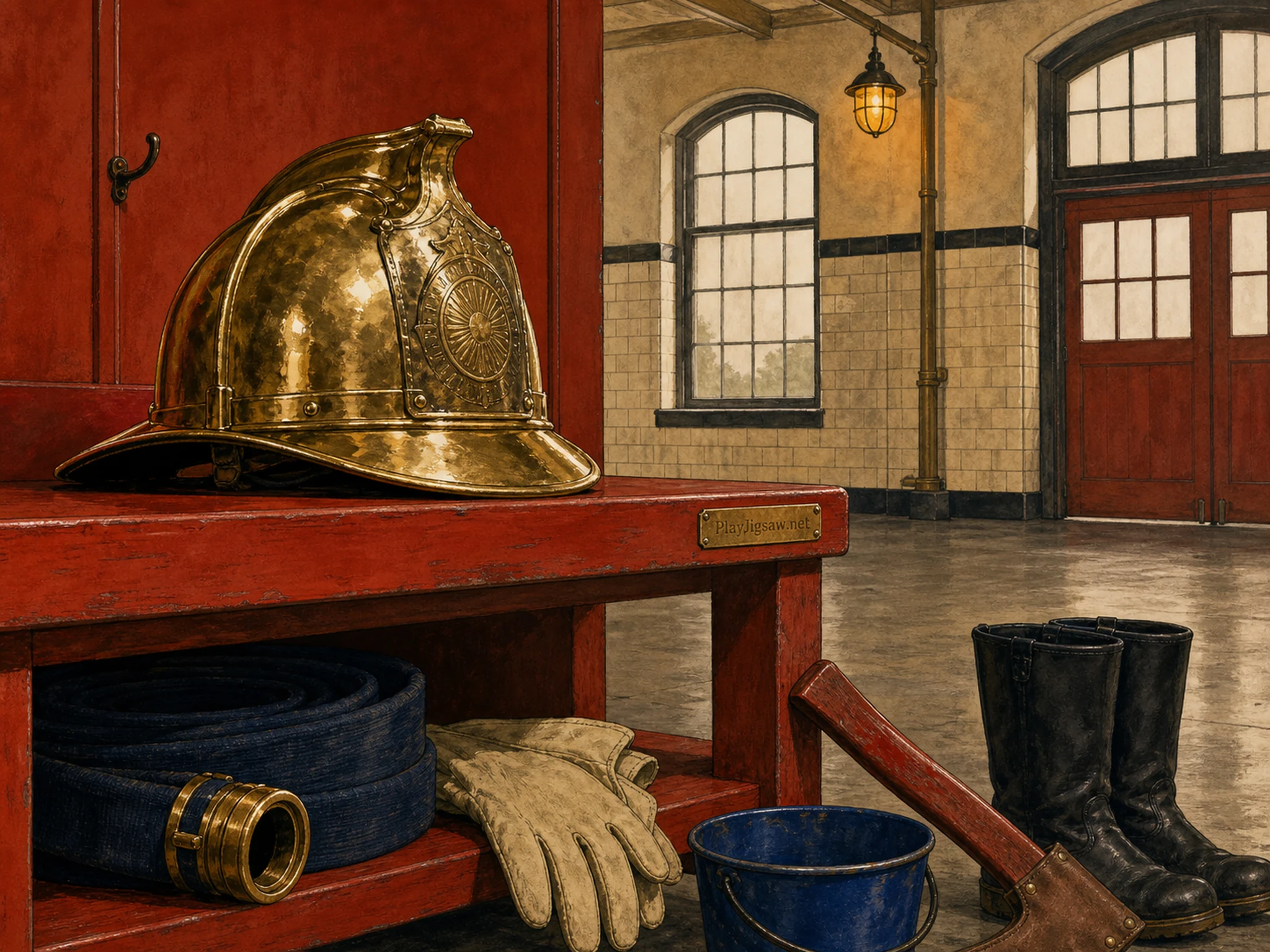 A 1930s fire station bay with a polished brass helmet on a vermilion bench, navy hose, cream gloves, cobalt bucket, red axe, black boots, ivory tiles, amber lamp, and a PlayJigsaw.net brass bench plate, rendered in vintage civic-poster gouache.