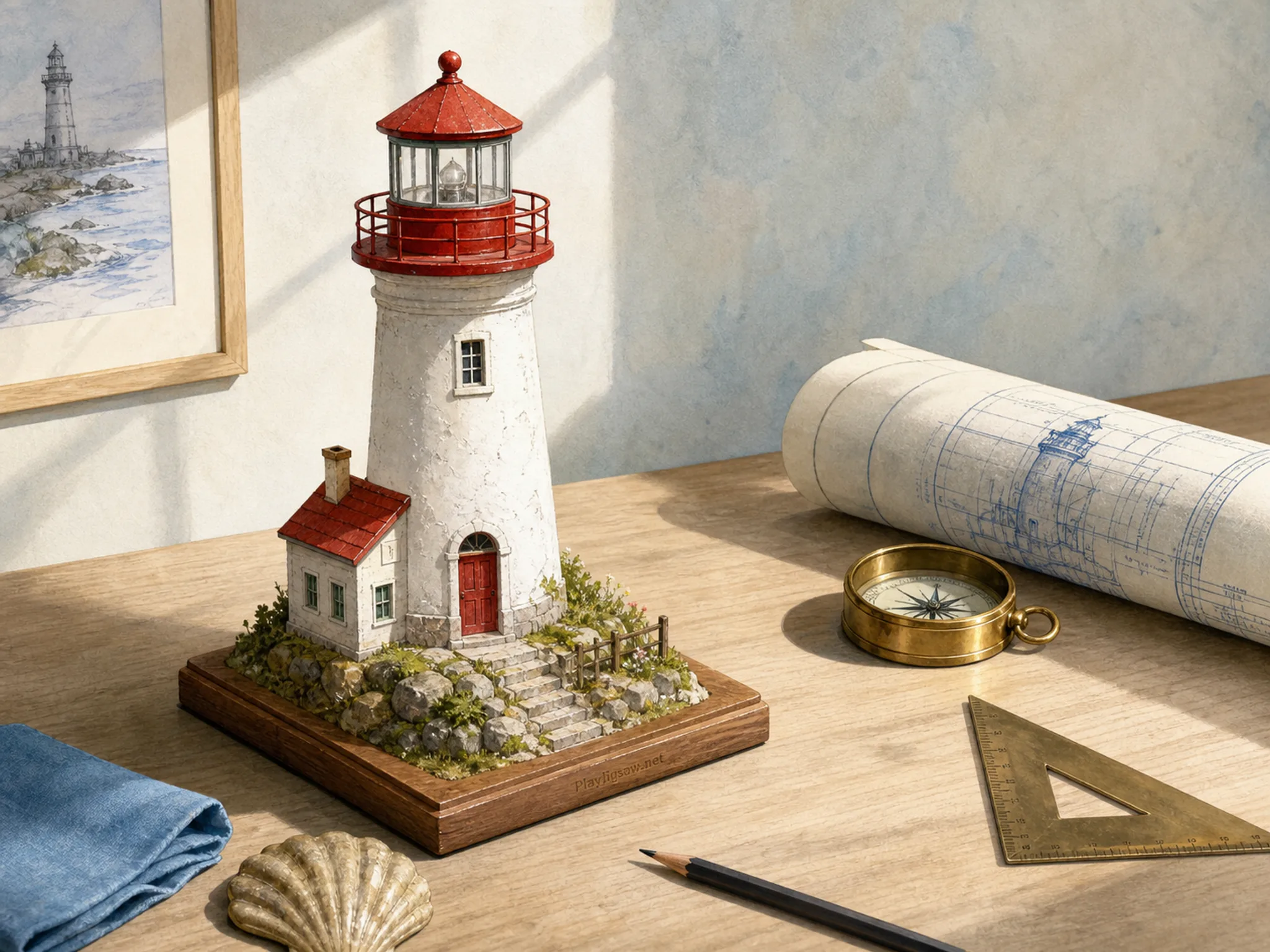 An architect drafting desk with a handmade lighthouse model, rolled blueprint, brass compass, triangle ruler, pencil, shell paperweight, and folded blue cloth