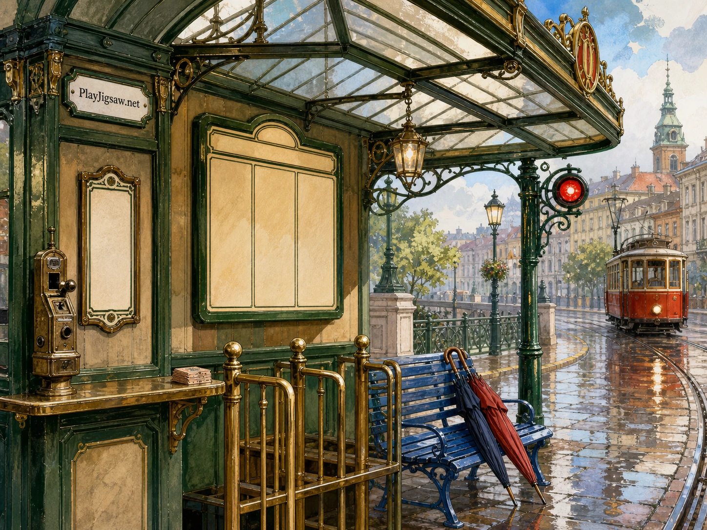 A charming old tram station platform under a glass-and-iron ticket canopy with a ticket booth, brass railings, rain-wet paving, red tram signal lamp, blue bench, folded umbrellas, ticket stack, and a subtle maker mark enamel sign corner