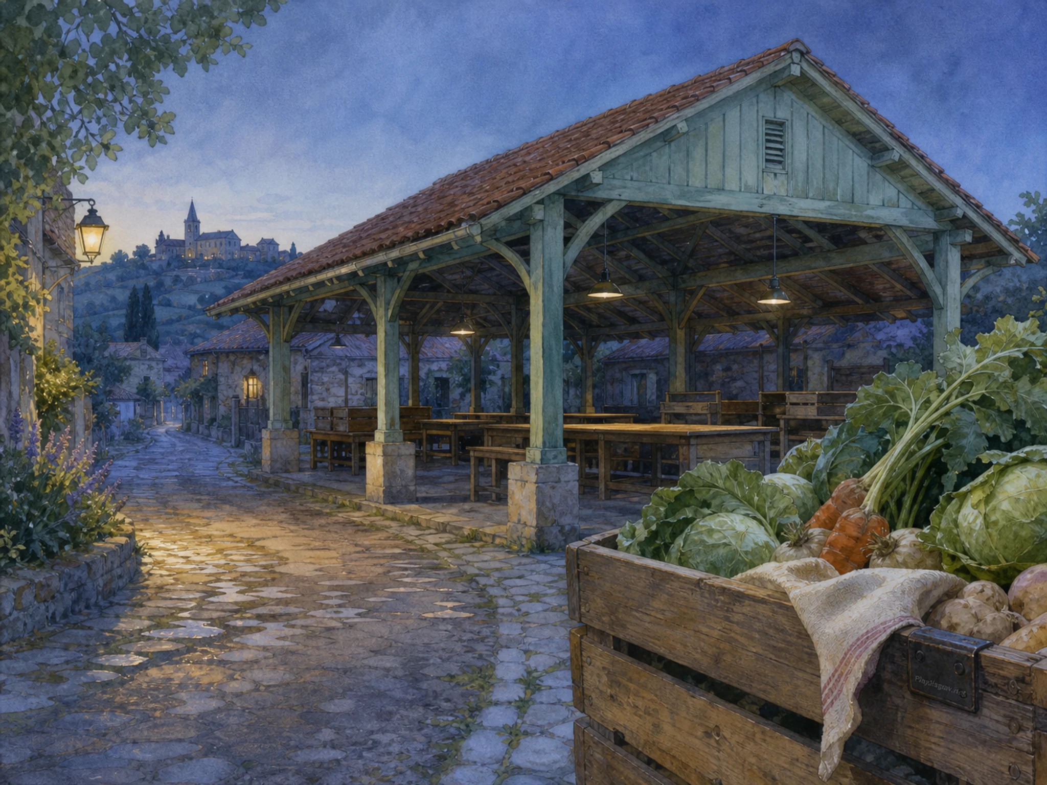 covered market hall standing naturally beside a wooden produce crate in a covered neighborhood market hall before opening, with familiar objects and cool blue-hour light.