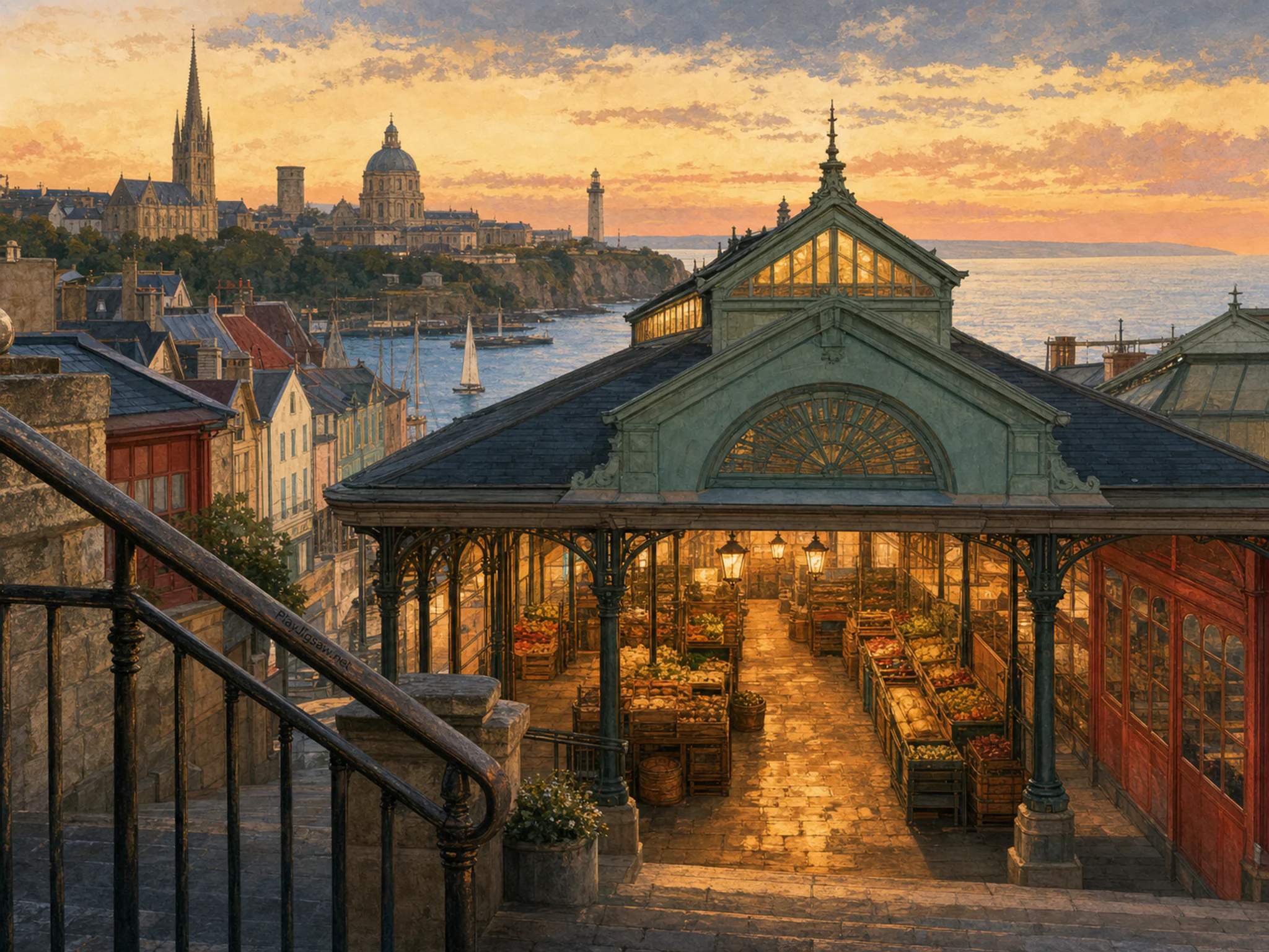 Covered Market Hall sheltering ornamental iron railing in a broad twilight skyline, with layered scenery and golden lamplight at dusk.