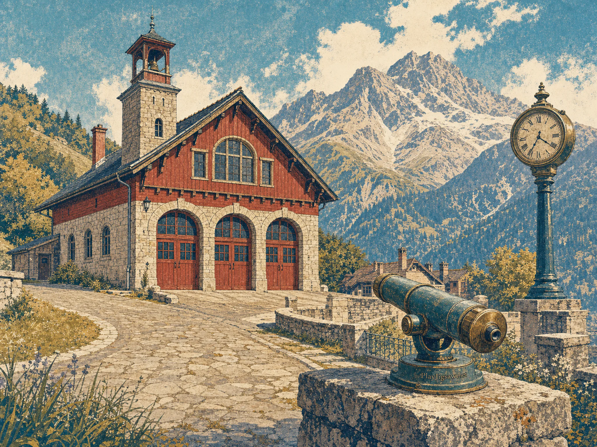 Old Fire Station framing brass public clock in a layered alpine hillside, with layered scenery and bright diffused window light.
