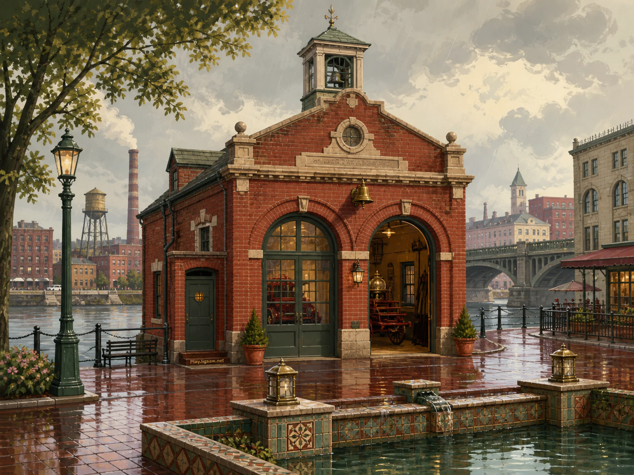 Old Fire Station anchoring tiled fountain basin in a restored industrial riverside, with layered scenery and gentle rain with crisp reflections.