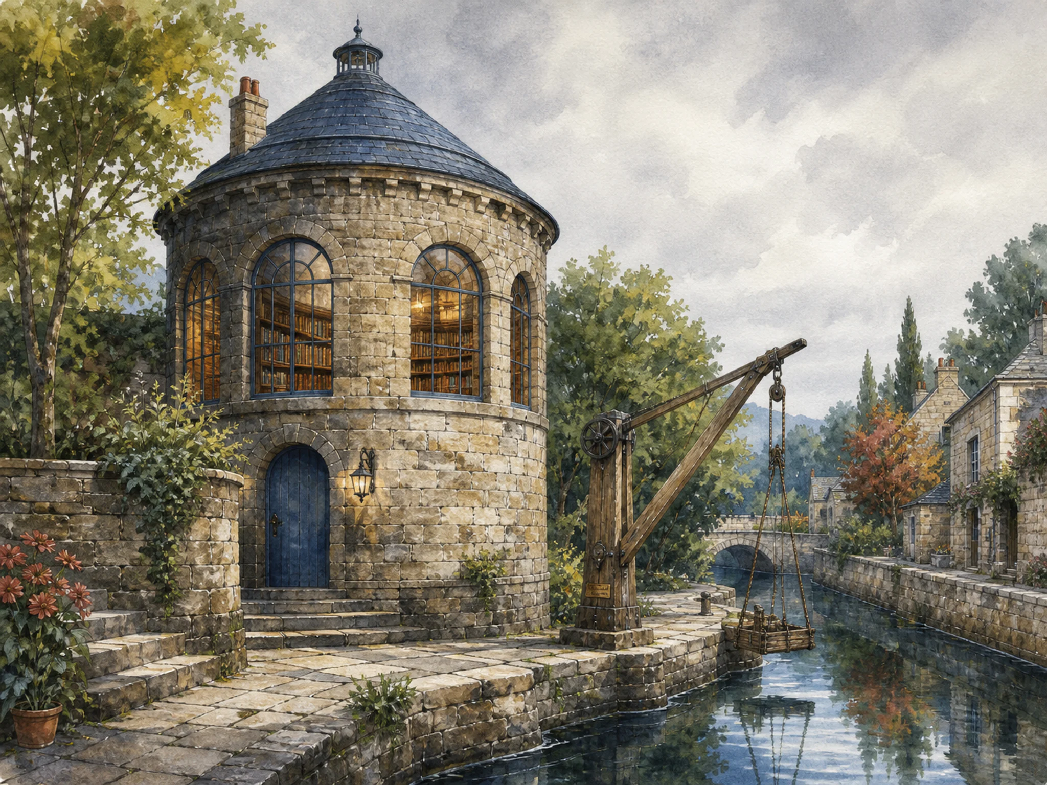 Round Tower Library overlooking stone stair landing in a reflective canal bend, with layered scenery and soft overcast afternoon.