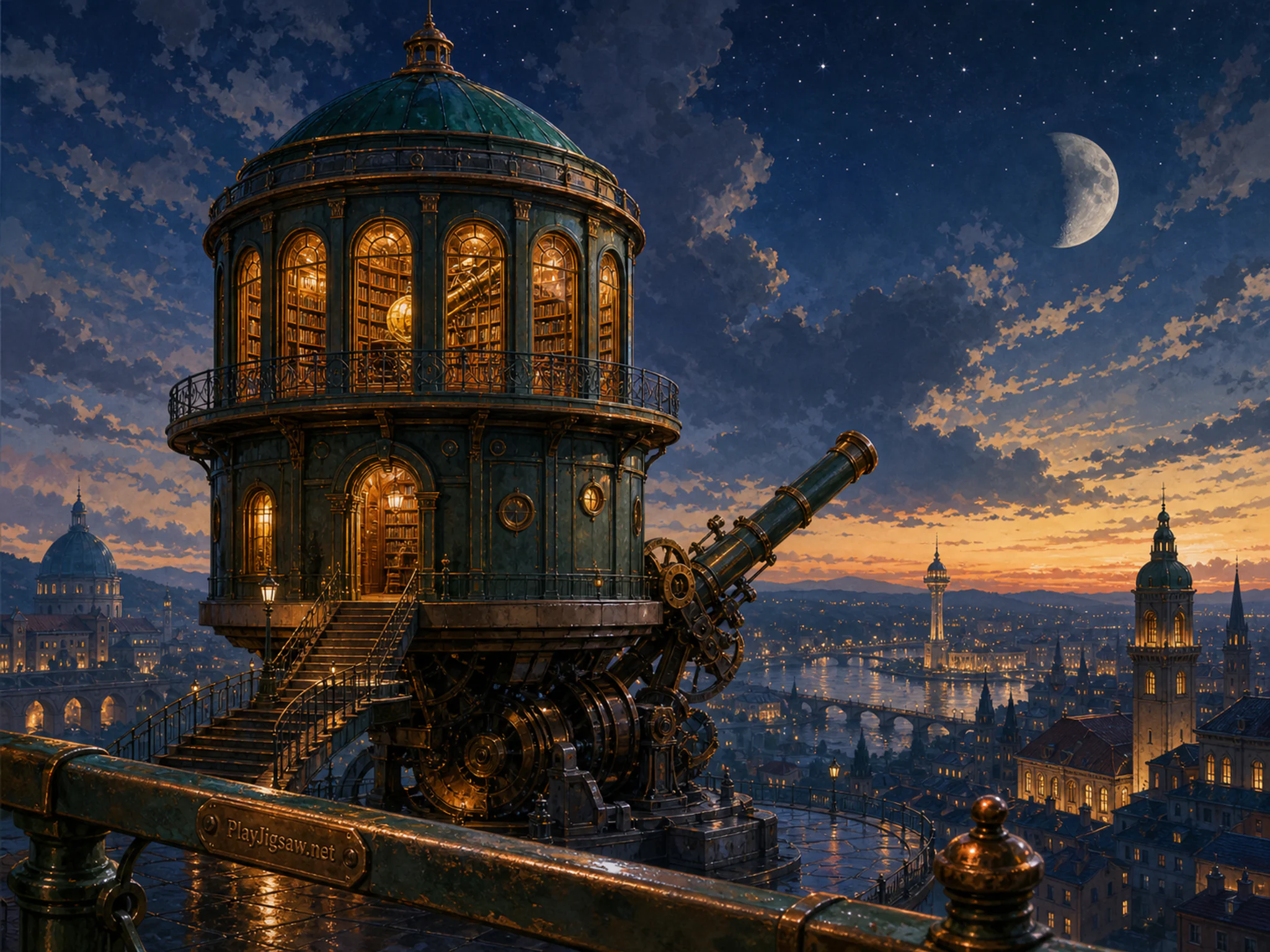 Round Tower Library rising above precision telescope mount in a rain-bright transit platform, with layered scenery and golden lamplight at dusk.