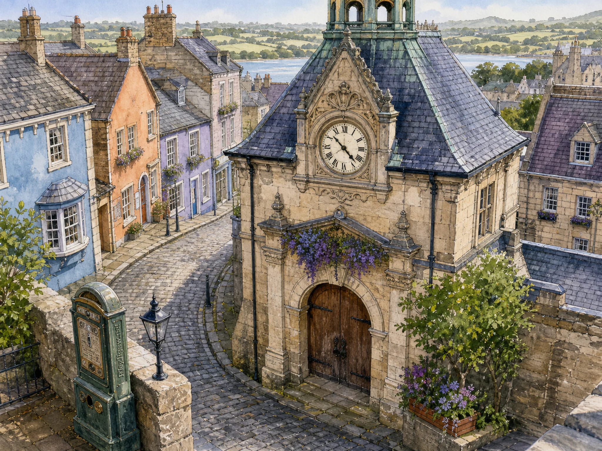 Town Clock Hall surrounding arched wooden doorway in a compact historic street, with layered scenery and bright diffused window light.