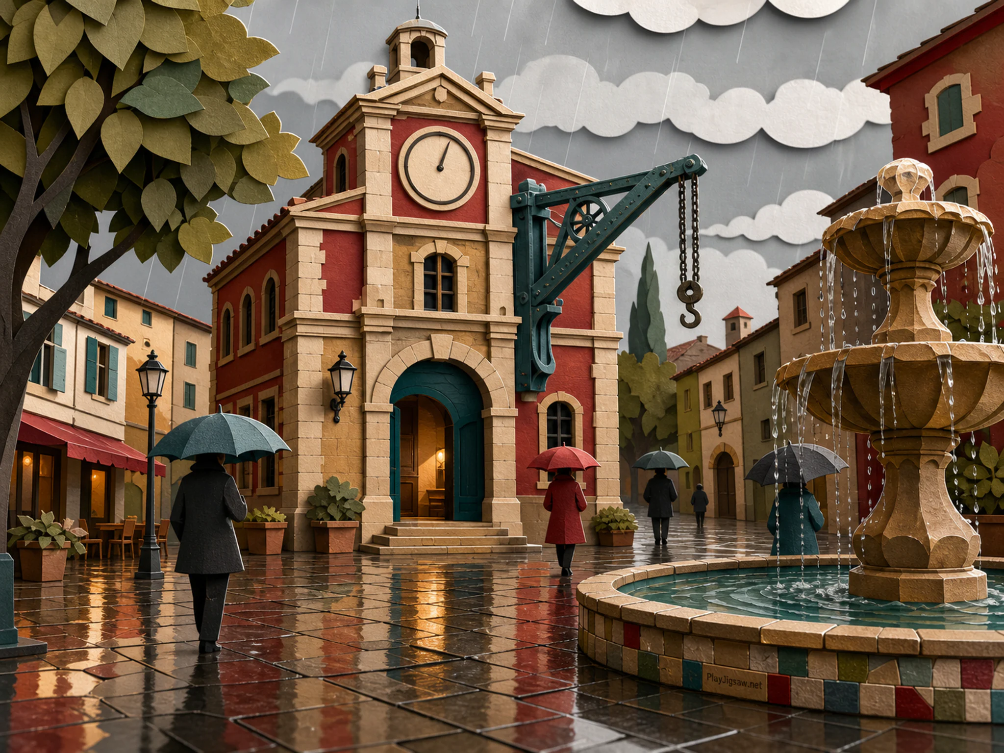 Town Clock Hall opening onto riveted iron hoist in an old civic square, with layered scenery and gentle rain with crisp reflections.