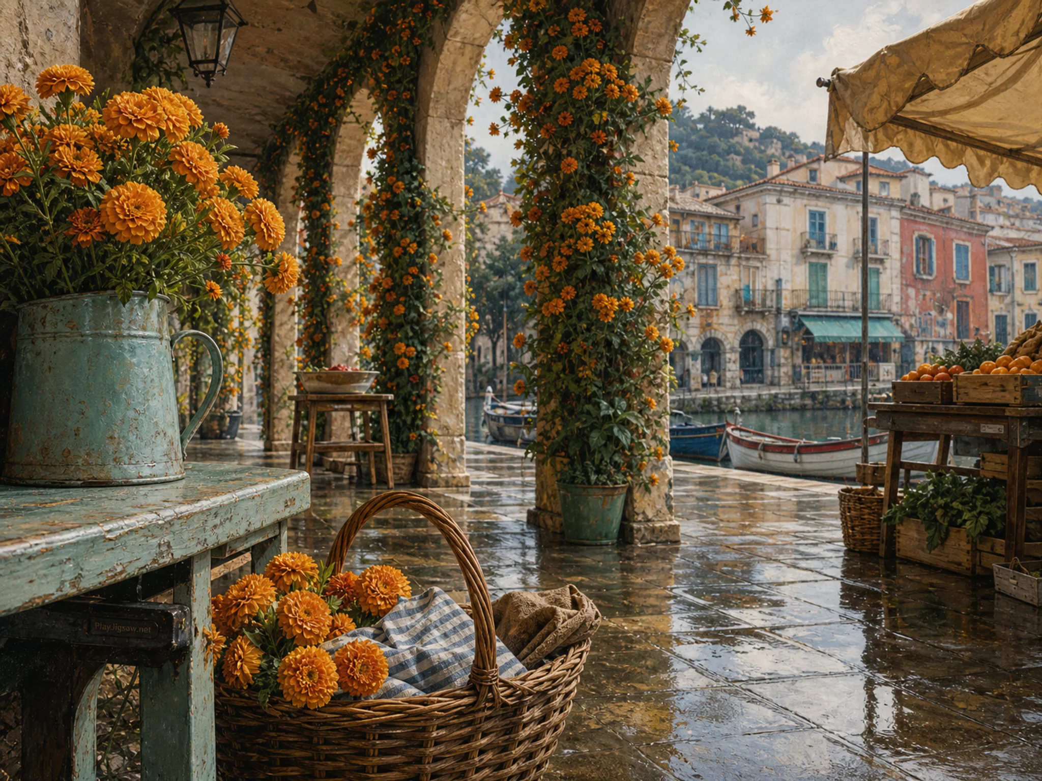 marigold arcade standing naturally beside a wicker shopping basket in a marigold-lined stone arcade beside a quiet riverside market, with familiar objects and gentle rain with.