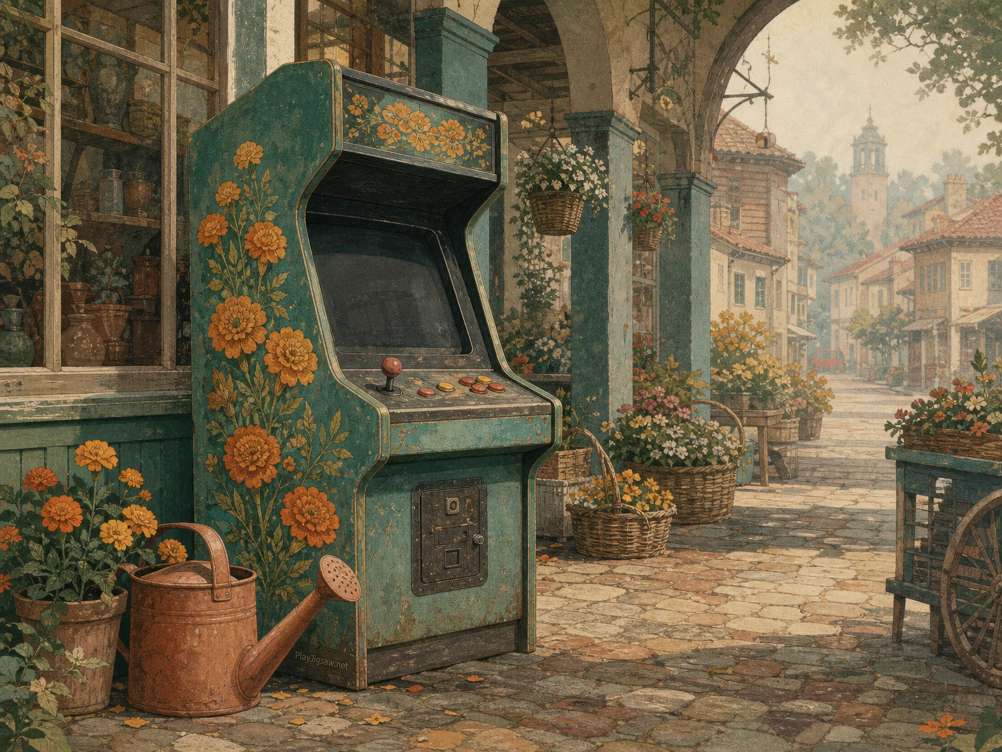 marigold arcade standing naturally beside a terracotta watering can in a flower-lined village shopping arcade with familiar market baskets, with familiar objects and calm misty.