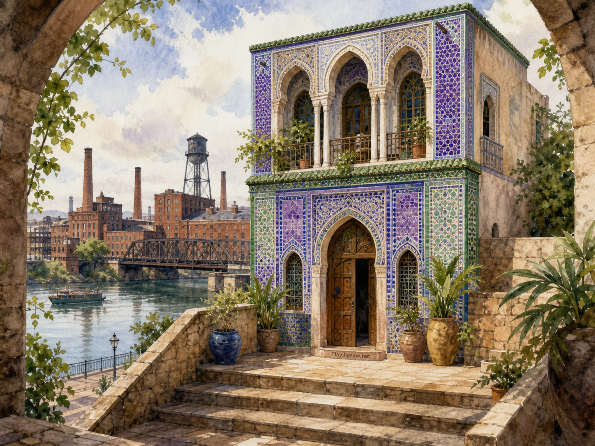 Mosaic Riad rising above stone stair landing in a restored industrial riverside, with layered scenery and bright diffused window light.