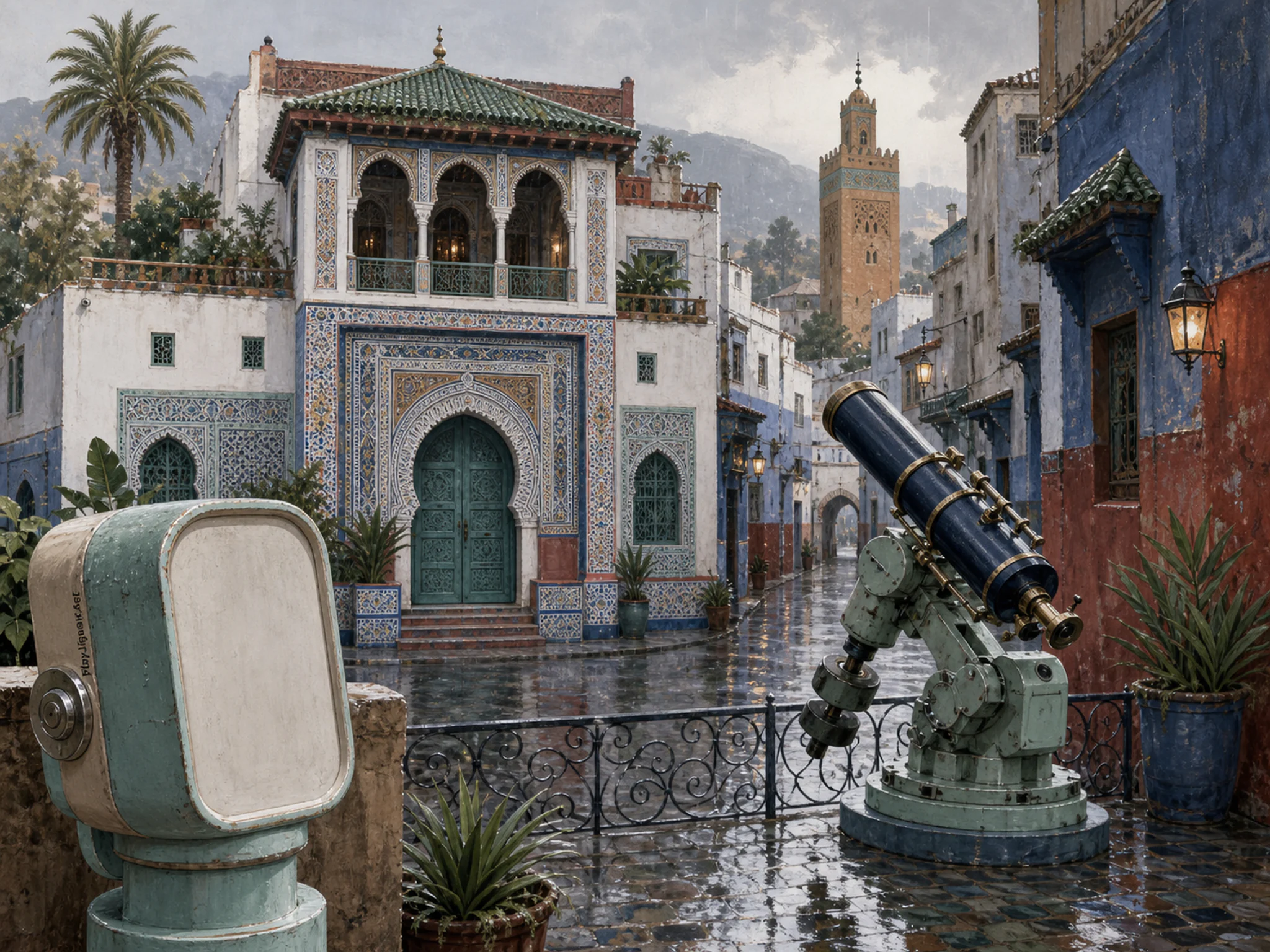 Mosaic Riad overlooking precision telescope mount in a compact historic street, with layered scenery and gentle rain with crisp reflections.