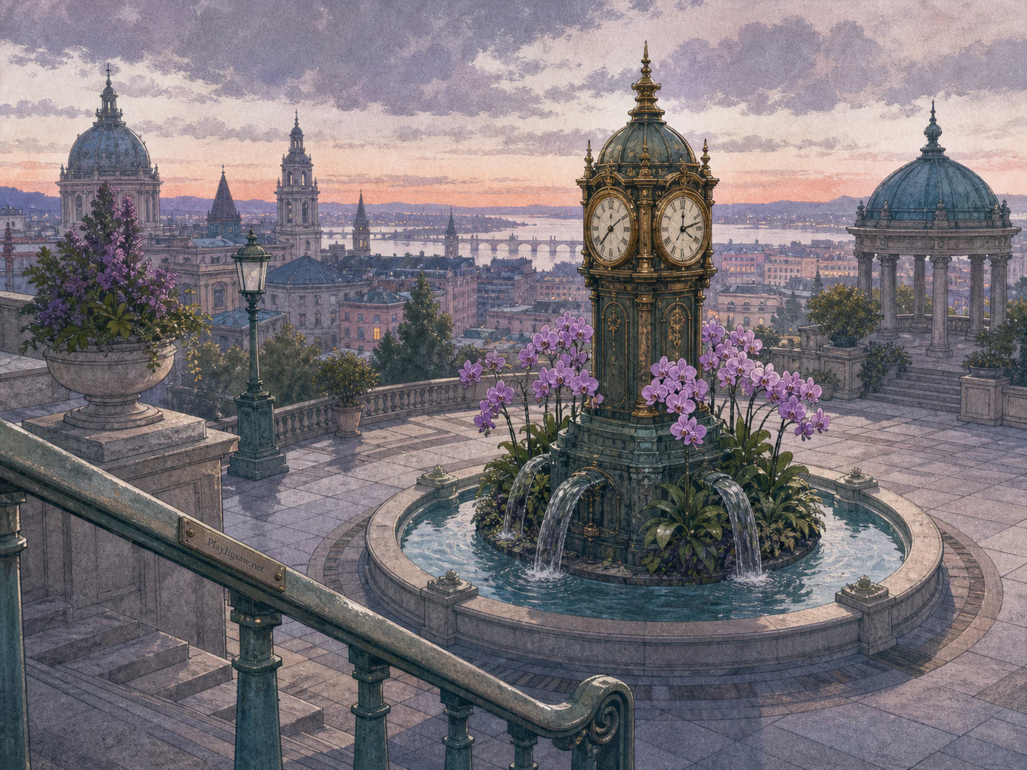 Orchid Fountain Court anchoring brass public clock in a broad twilight skyline, with layered scenery and soft overcast afternoon.