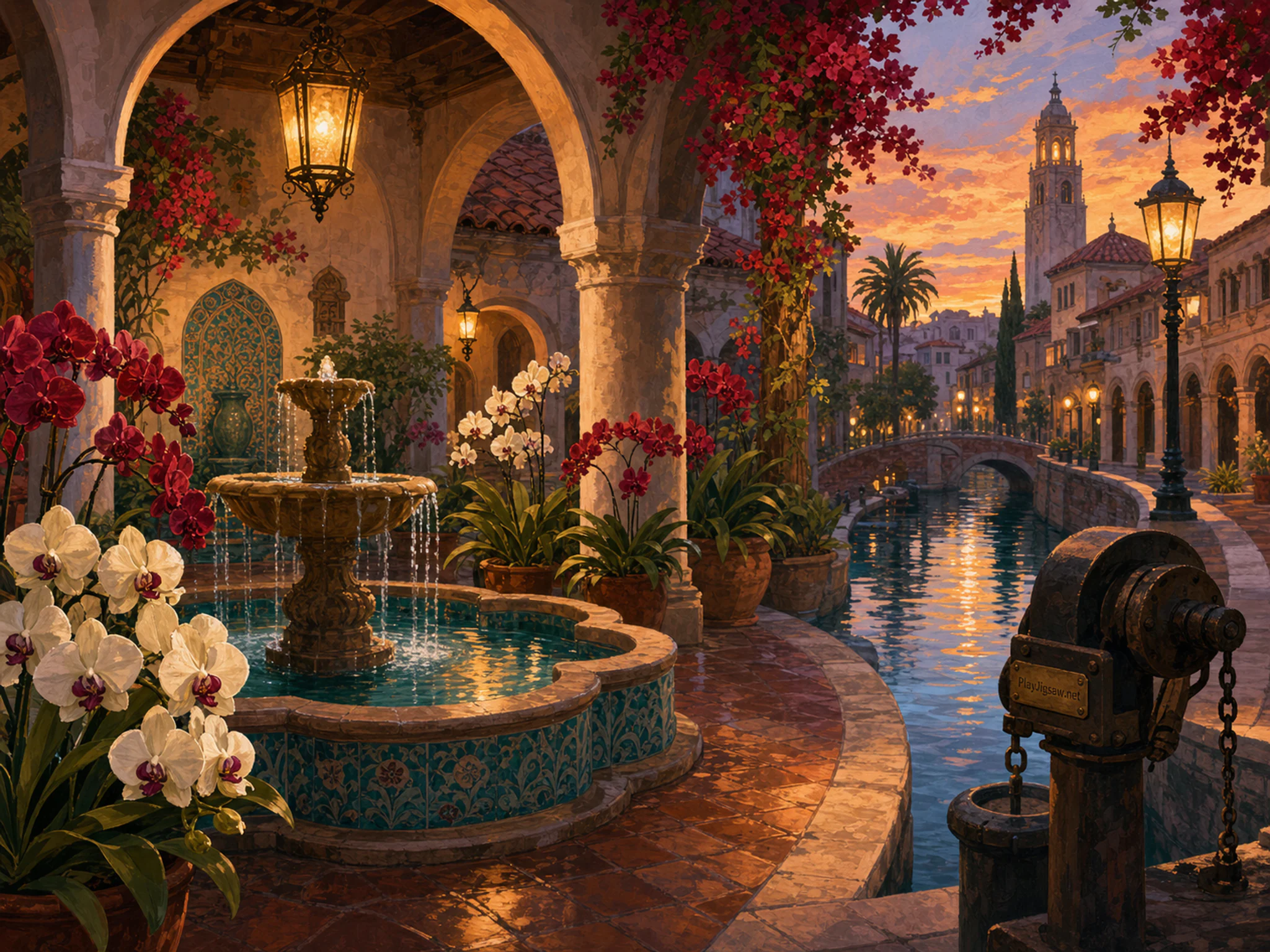 Orchid Fountain Court framing tiled fountain basin in a reflective canal bend, with layered scenery and golden lamplight at dusk.