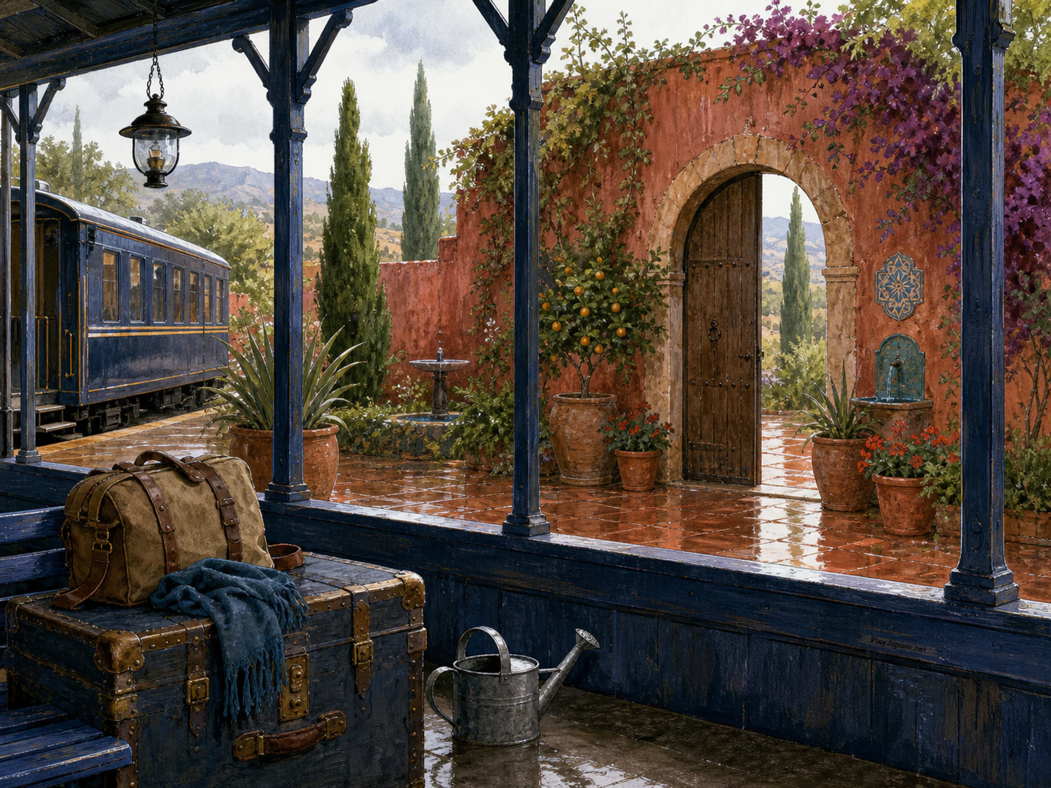 Terracotta Courtyard opening onto arched wooden doorway in a rain-bright transit platform, with layered scenery and soft overcast afternoon.