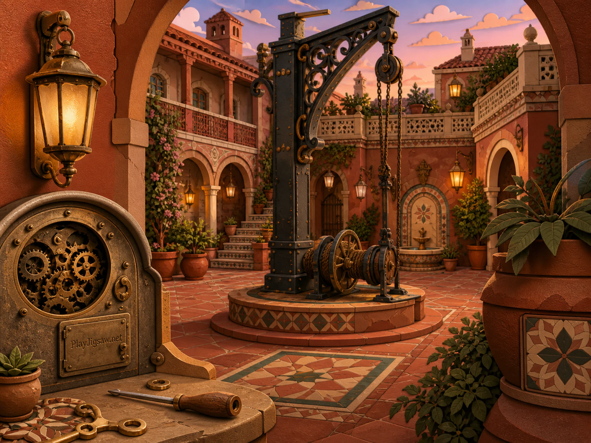 Terracotta Courtyard surrounding riveted iron hoist in a patterned inner courtyard, with layered scenery and golden lamplight at dusk.