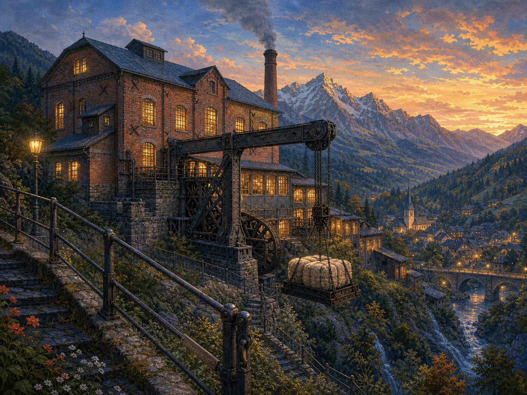 Brick Textile Mill anchoring riveted iron hoist in a layered alpine hillside, with layered scenery and golden lamplight at dusk.