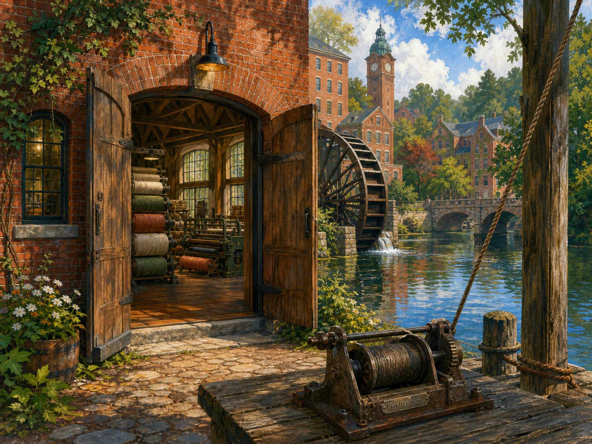 Brick Textile Mill framing arched wooden doorway in a restored industrial riverside, with layered scenery and bright diffused window light.