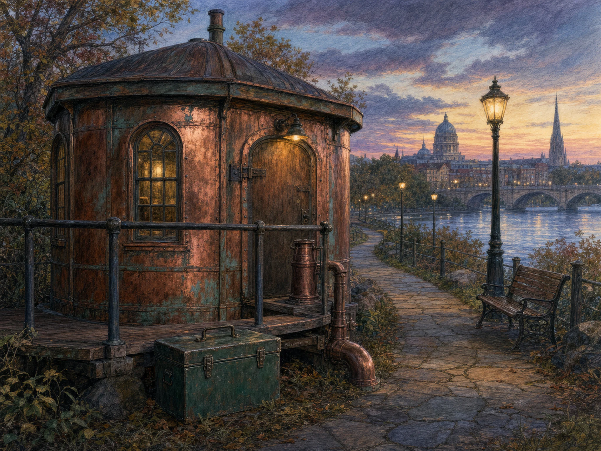 copper pump house standing naturally beside a green metal toolbox in an old copper pump house beside a familiar riverside walking path, with familiar objects and warm lamplight.