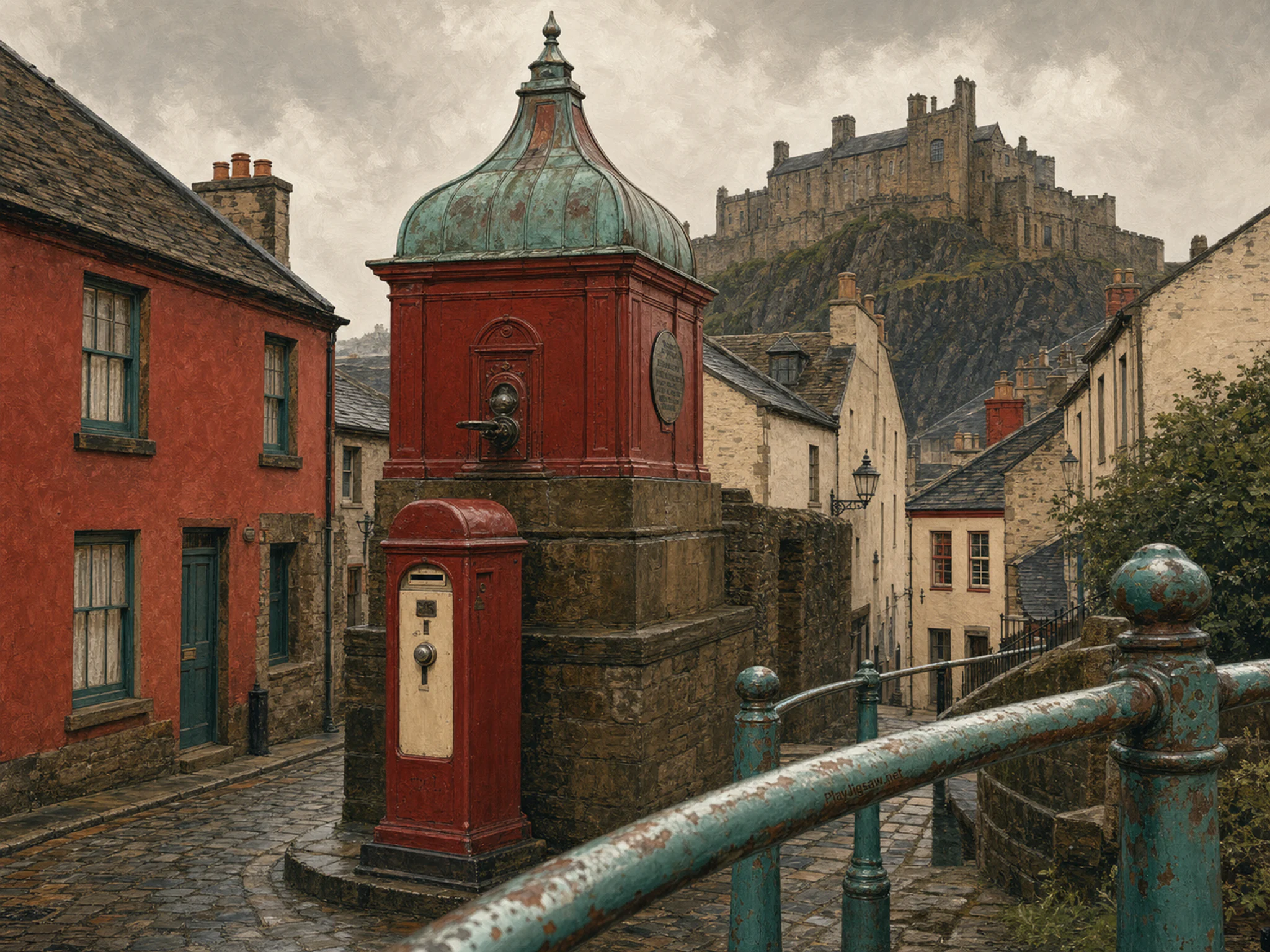 Copper Pump House rising above enamel ticket machine in a compact historic street, with layered scenery and soft overcast afternoon.