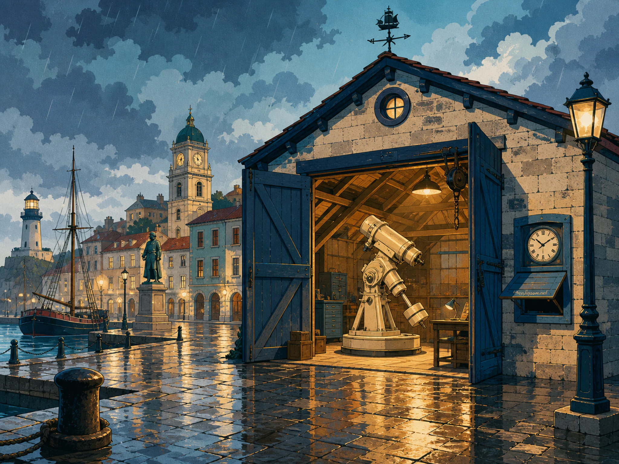 Harbor Warehouse sheltering precision telescope mount in an old civic square, with layered scenery and gentle rain with crisp reflections.