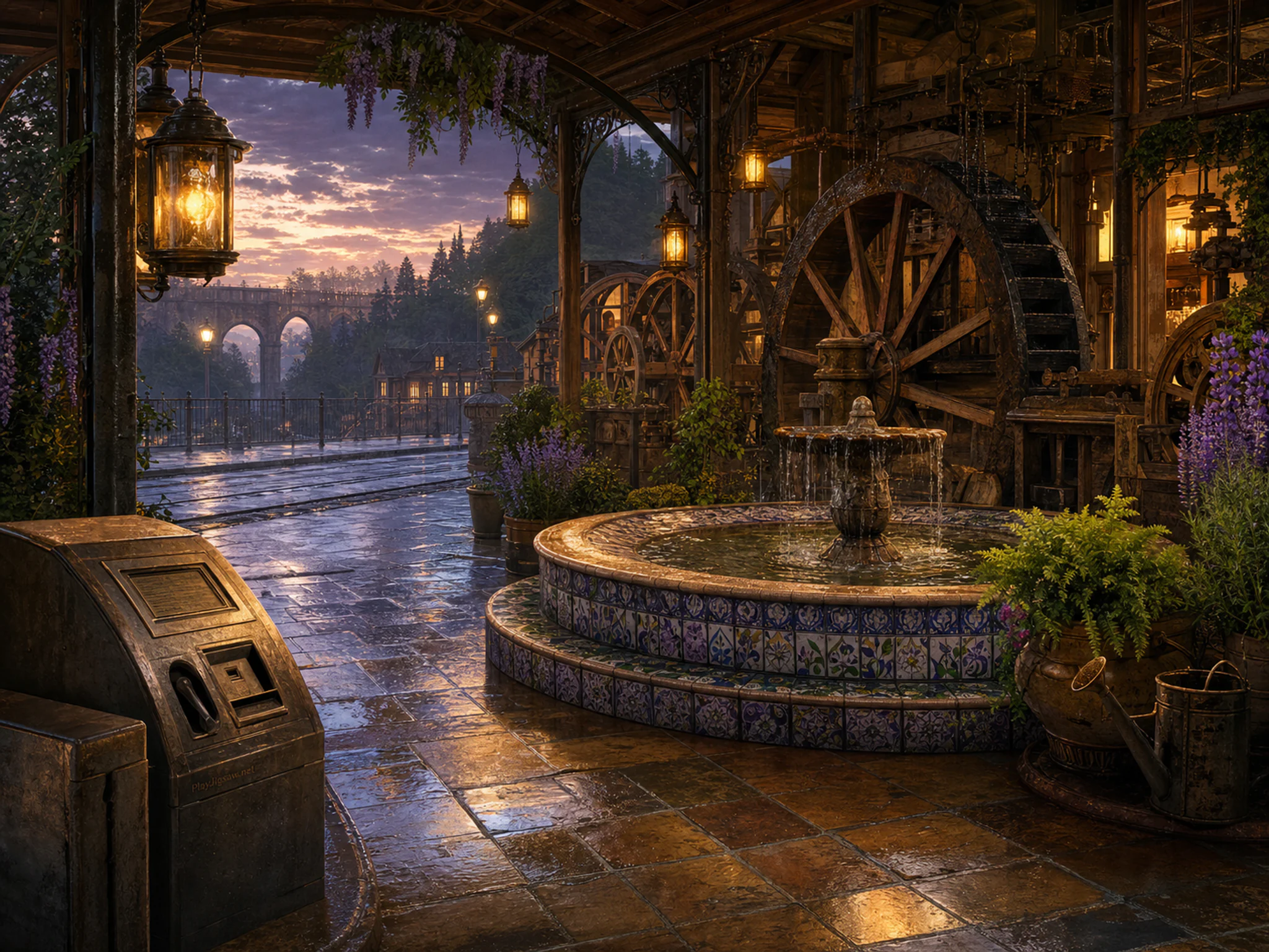 Waterwheel Workshop surrounding tiled fountain basin in a rain-bright transit platform, with layered scenery and golden lamplight at dusk.