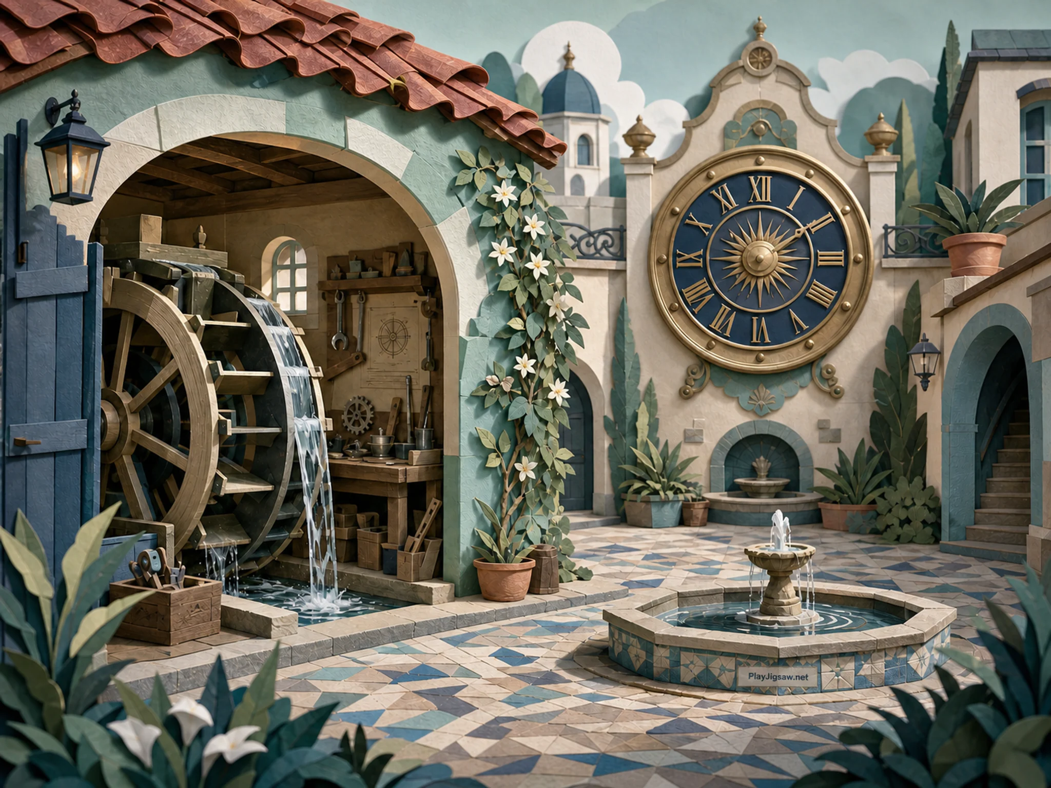 Waterwheel Workshop opening onto brass public clock in a patterned inner courtyard, with layered scenery and bright diffused window light.