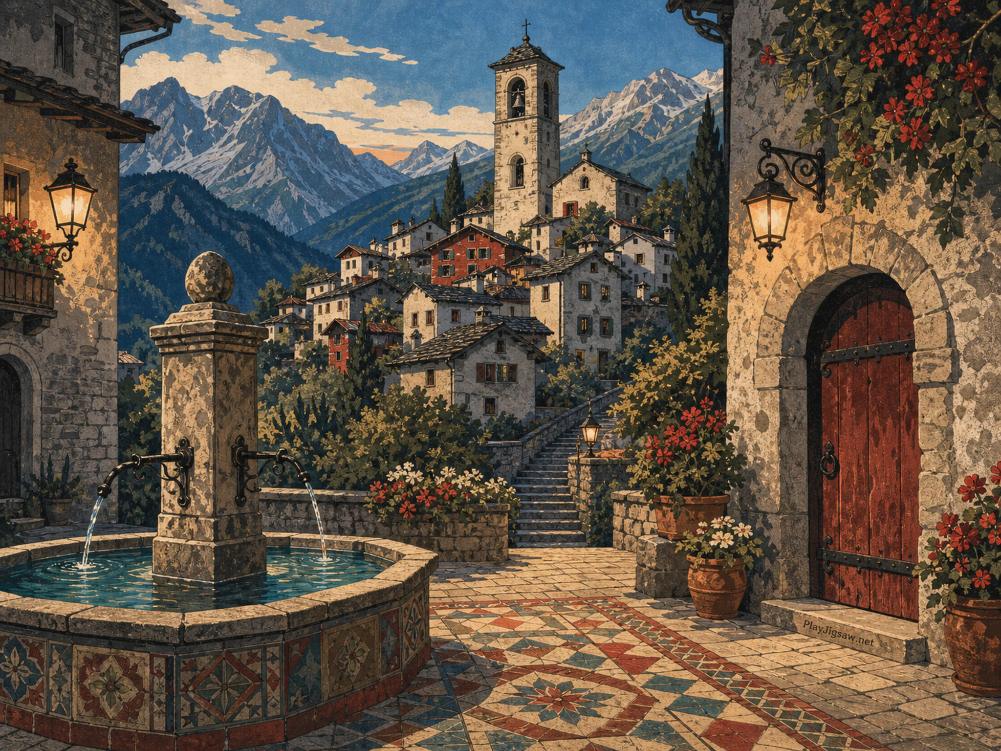 Alpine Bell Village rising above tiled fountain basin in a patterned inner courtyard, with layered scenery and cool blue-hour light.